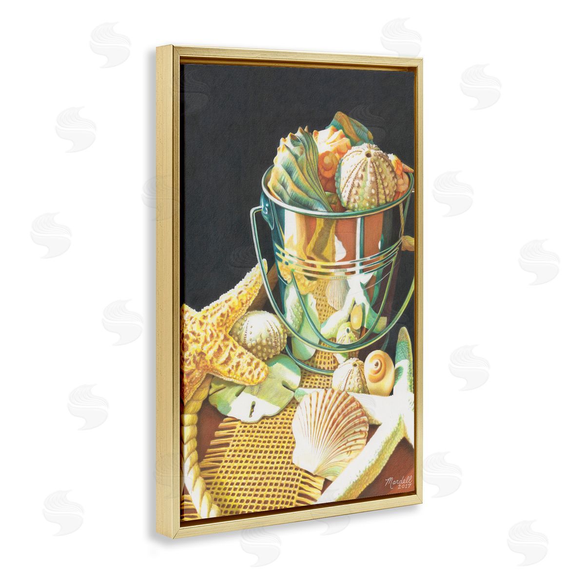 Bucket Of Seashells Gold Floating Frame Canvas Wall Art, Home Decor by Mardell Schuster