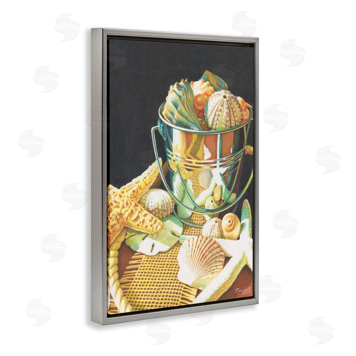 Bucket Of Seashells Grey Floating Frame Canvas Wall Art, Home Decor by Mardell Schuster