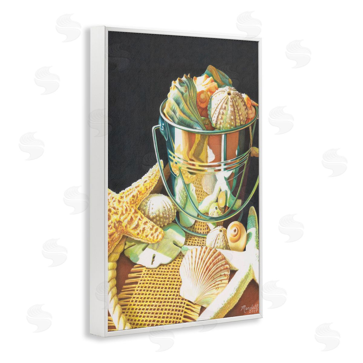 Bucket Of Seashells White Frame Print Wall Art, Home Decor by Mardell Schuster