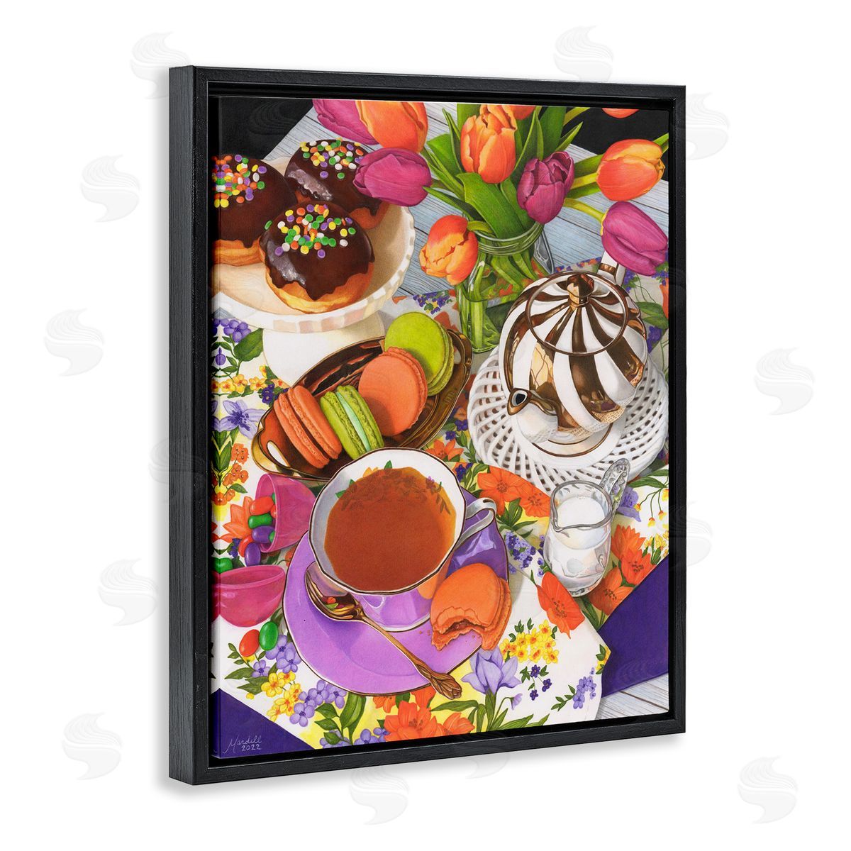 Spring Tea Party Black Floating Frame Canvas Wall Art, Home Decor by Mardell Schuster