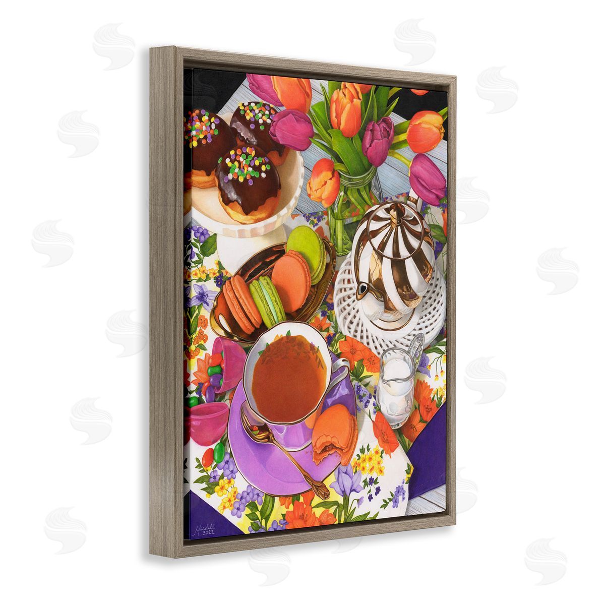 Spring Tea Party Brown Floating Frame Canvas Wall Art, Home Decor by Mardell Schuster