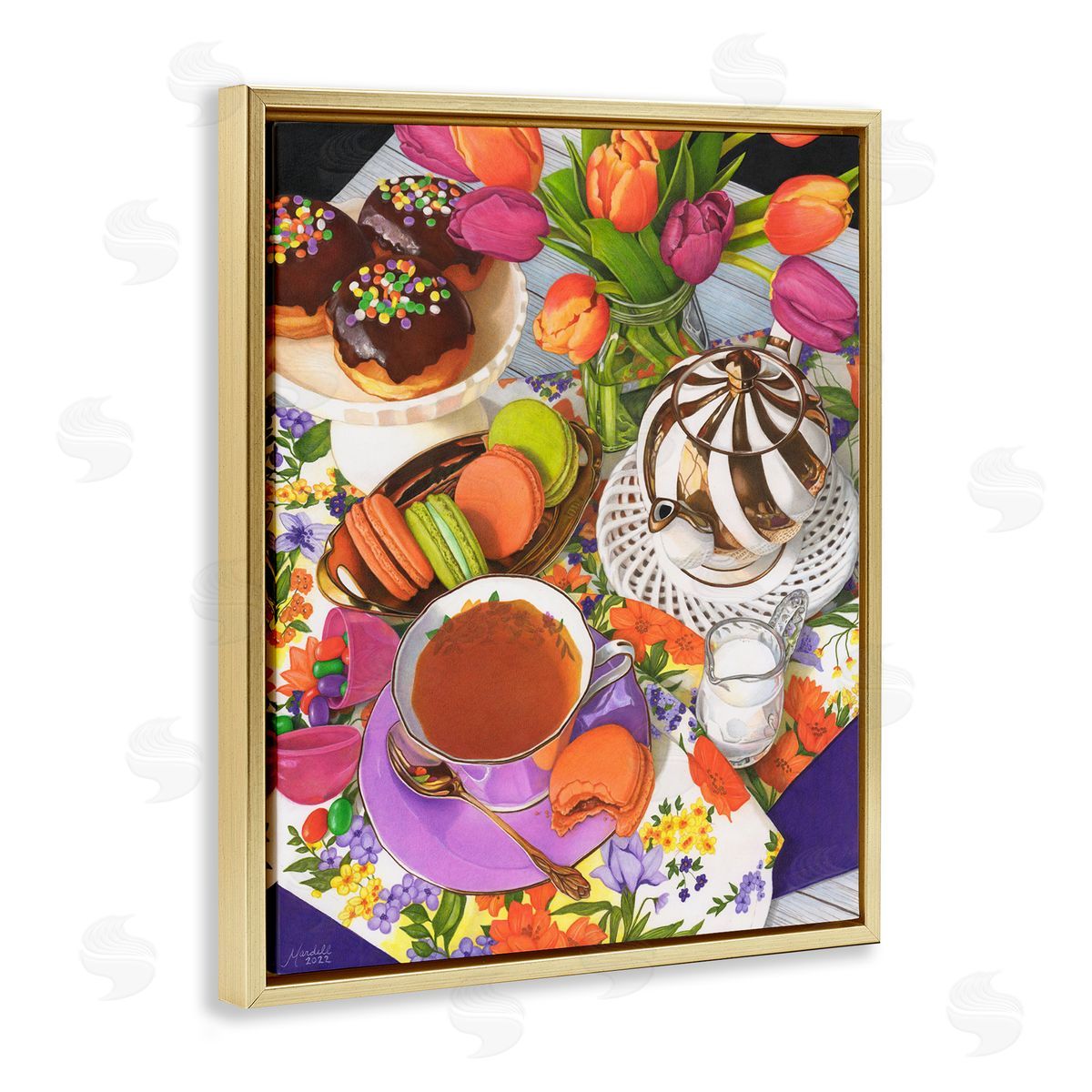 Spring Tea Party Gold Floating Frame Canvas Wall Art, Home Decor by Mardell Schuster