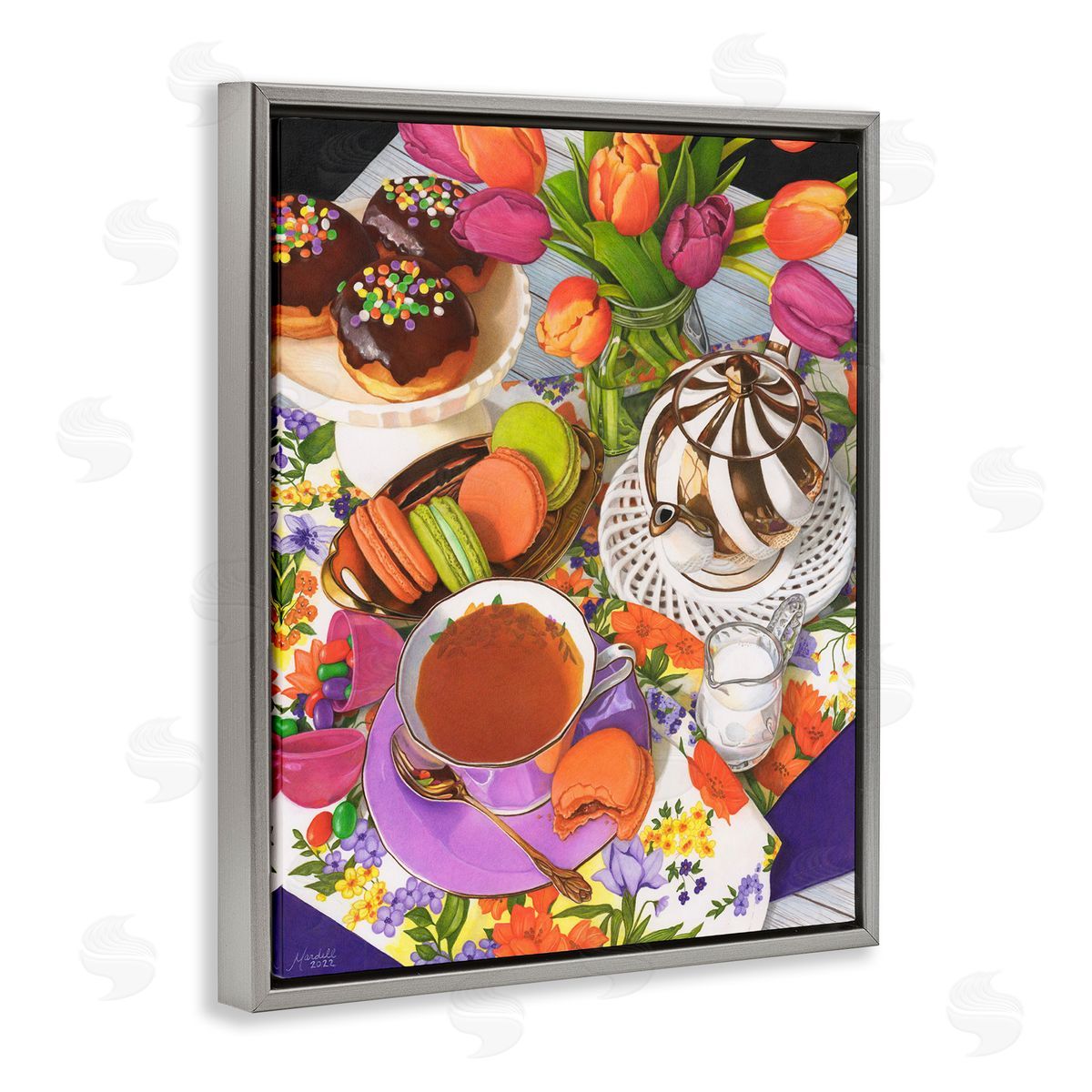 Spring Tea Party Grey Floating Frame Canvas Wall Art, Home Decor by Mardell Schuster