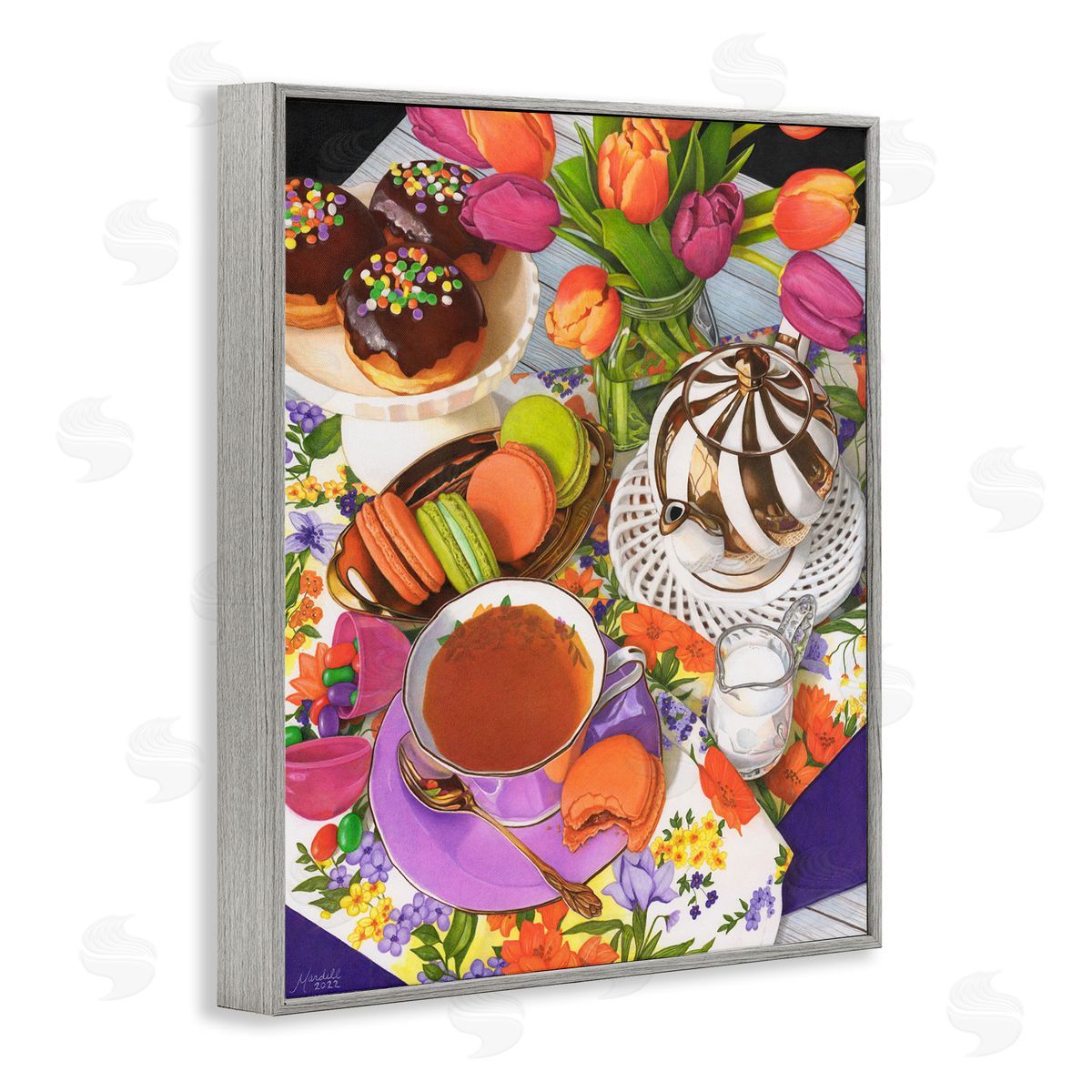 Spring Tea Party Grey Frame Print Wall Art, Home Decor by Mardell Schuster