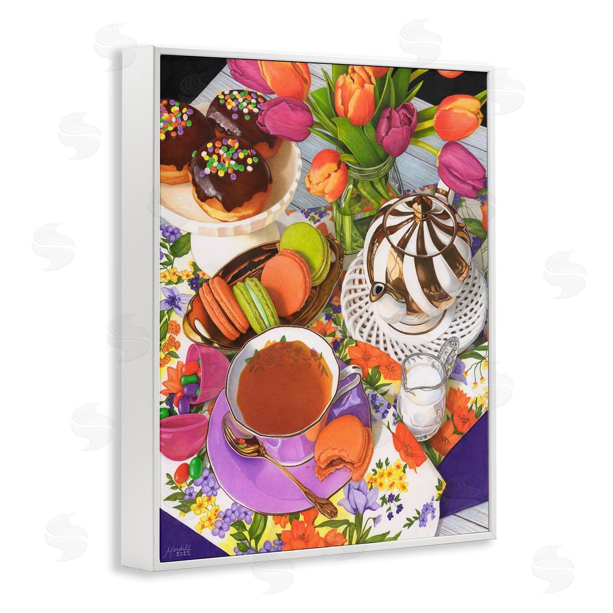 Spring Tea Party White Frame Print Wall Art, Home Decor by Mardell Schuster