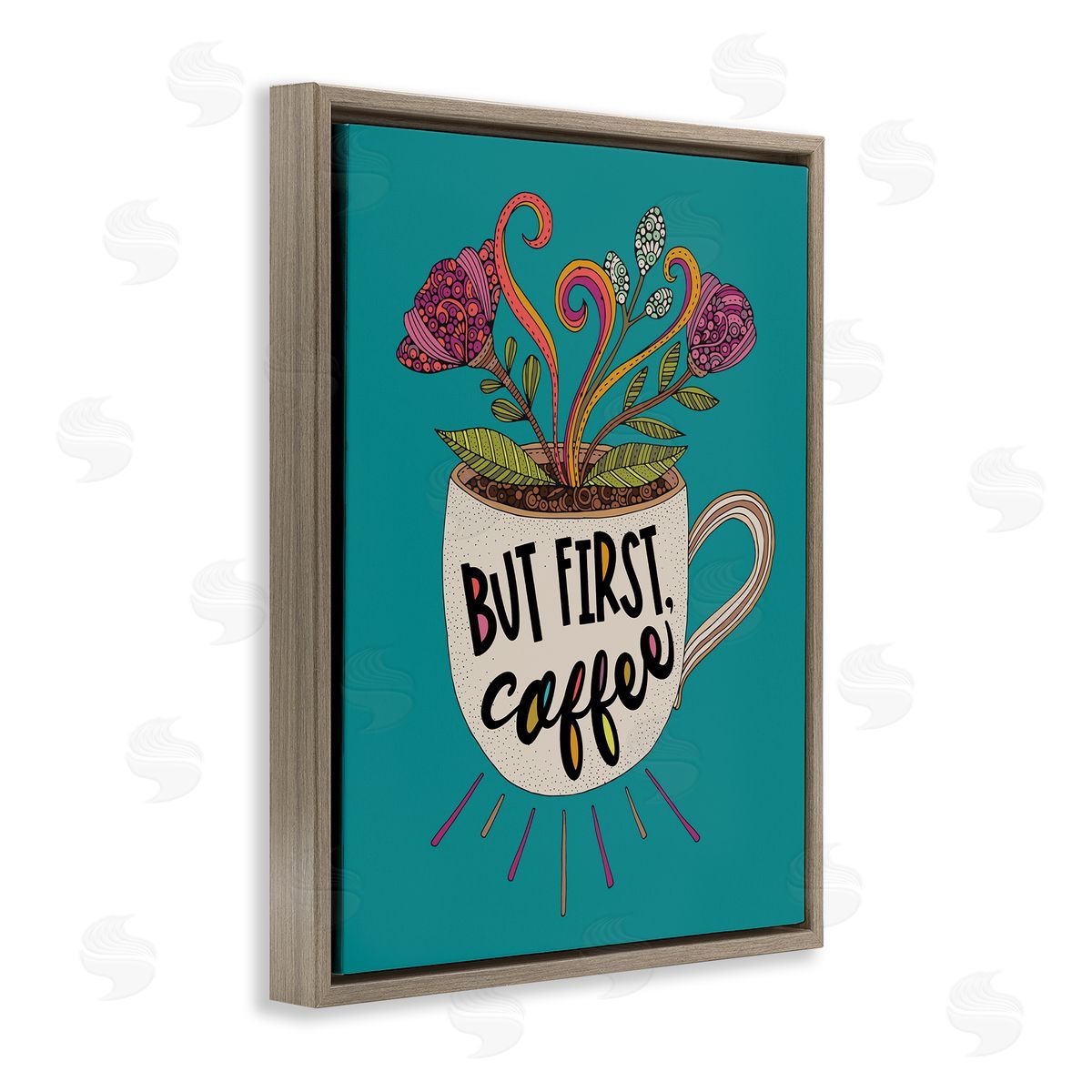 First Coffee with Florals Brown Floating Frame Canvas Wall Art, Home Decor by Valentina Harper