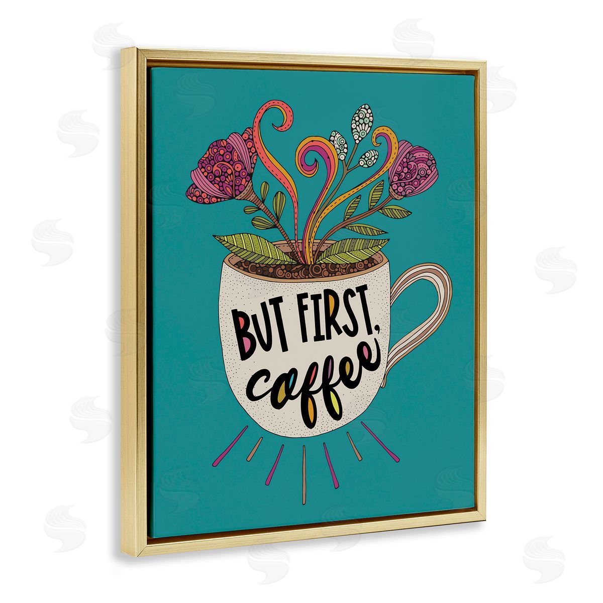First Coffee with Florals Gold Floating Frame Canvas Wall Art, Home Decor by Valentina Harper