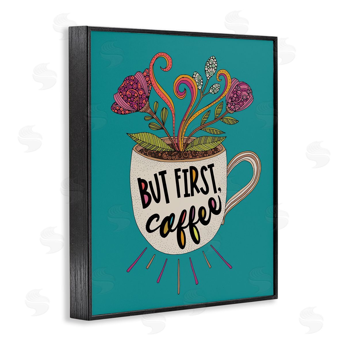 First Coffee with Florals Black Frame Print Wall Art, Home Decor by Valentina Harper