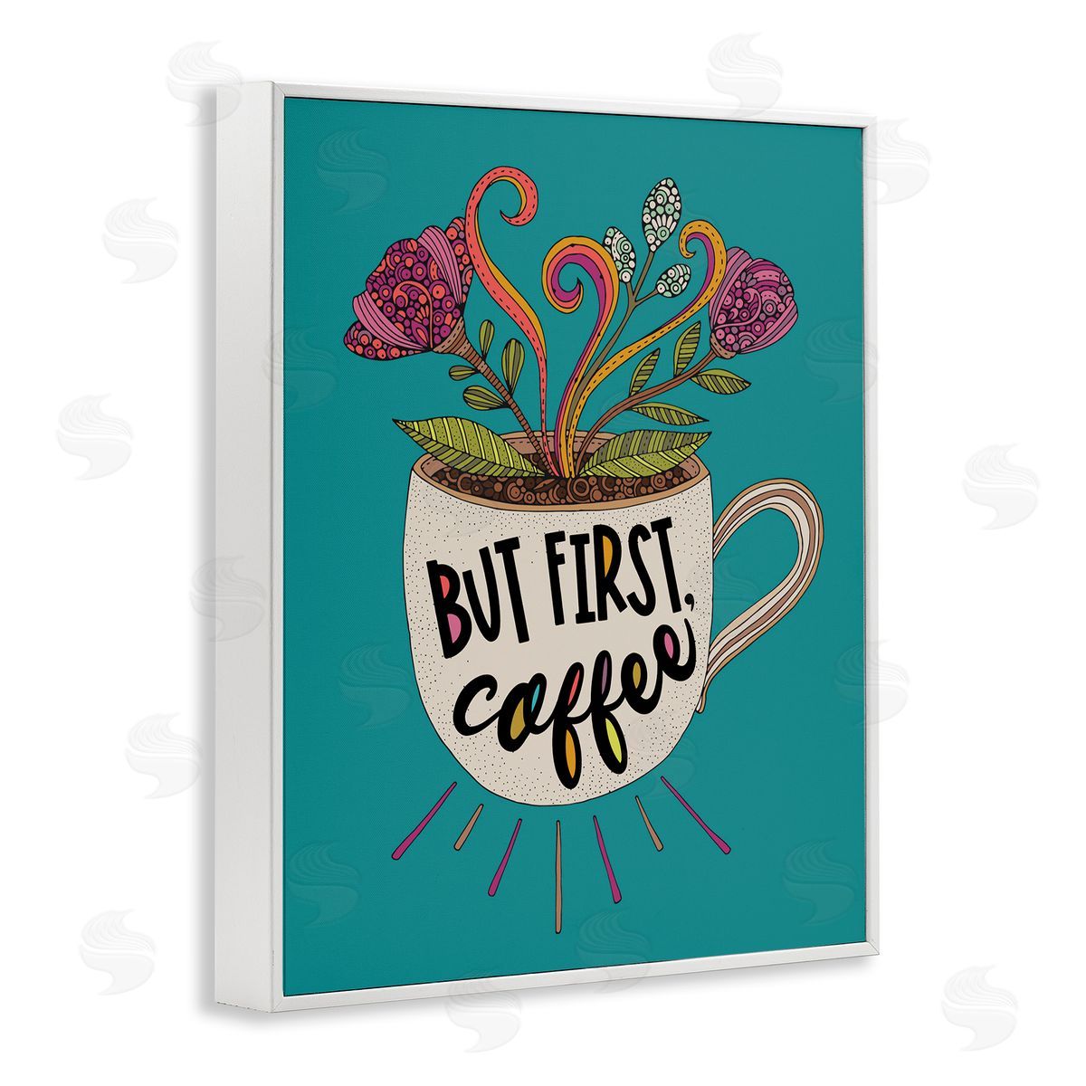 First Coffee with Florals White Frame Print Wall Art, Home Decor by Valentina Harper