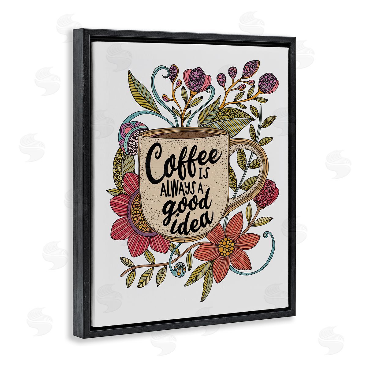 Floral Coffee Good Idea Black Floating Frame Canvas Wall Art, Home Decor by Valentina Harper
