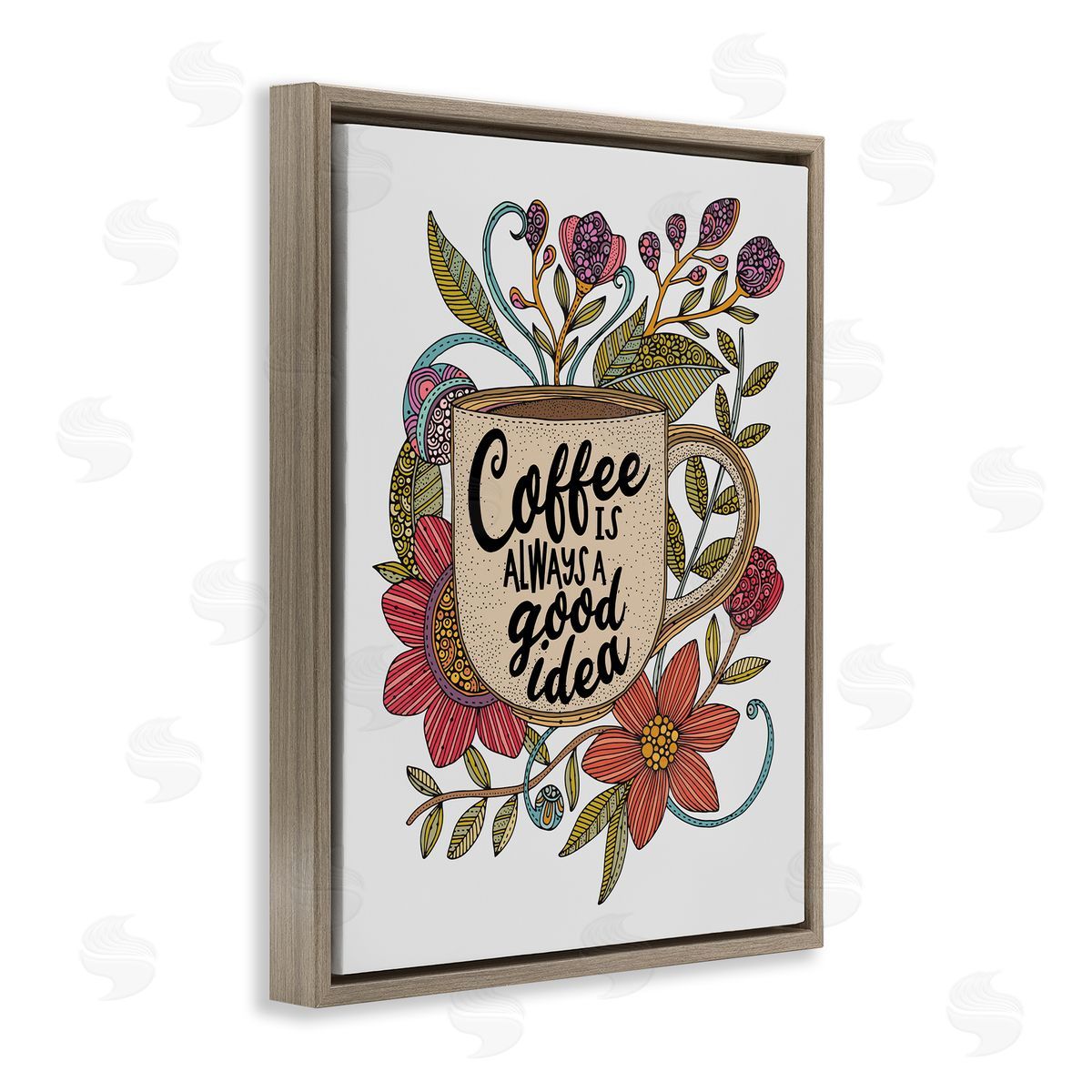 Floral Coffee Good Idea Brown Floating Frame Canvas Wall Art, Home Decor by Valentina Harper