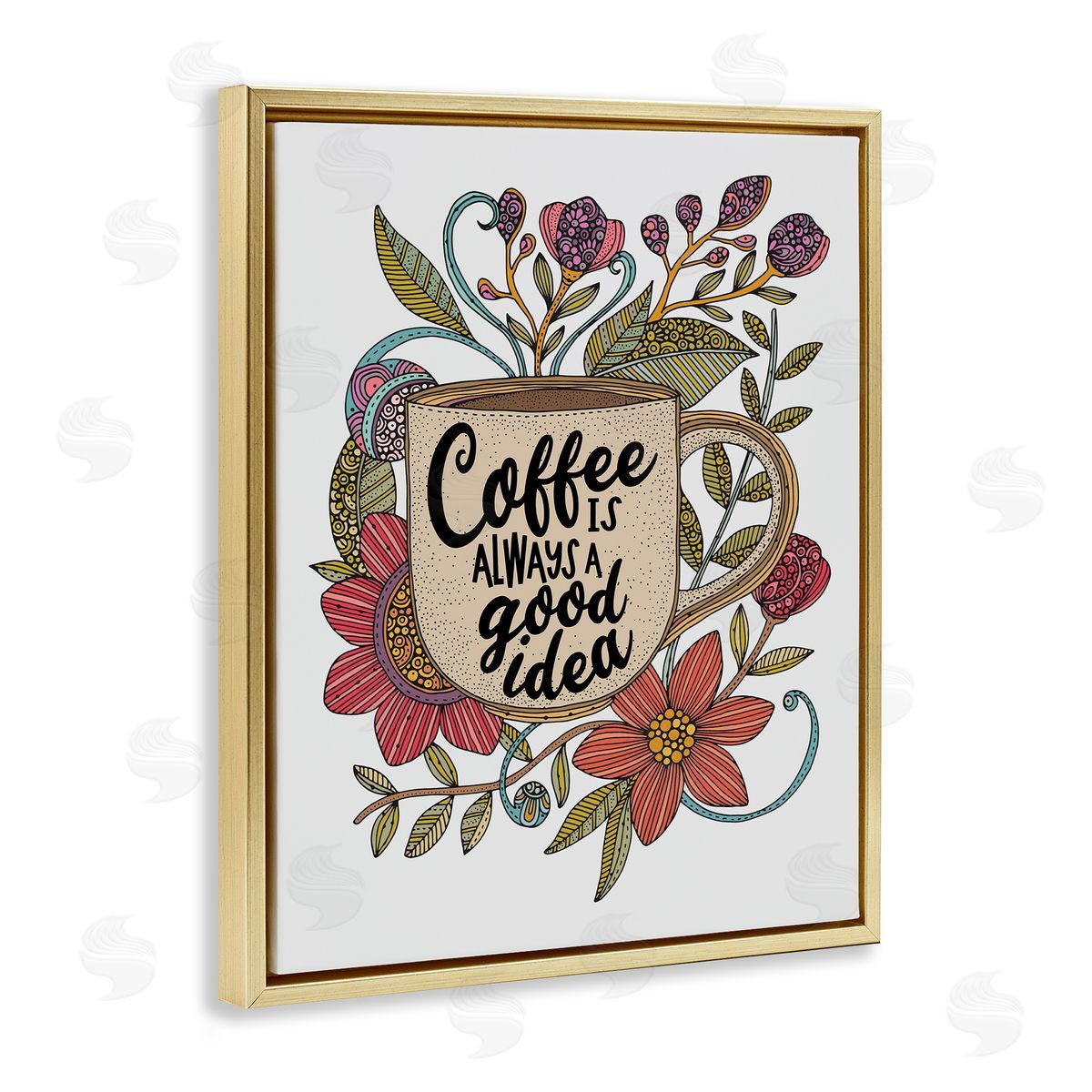 Floral Coffee Good Idea Gold Floating Frame Canvas Wall Art, Home Decor by Valentina Harper