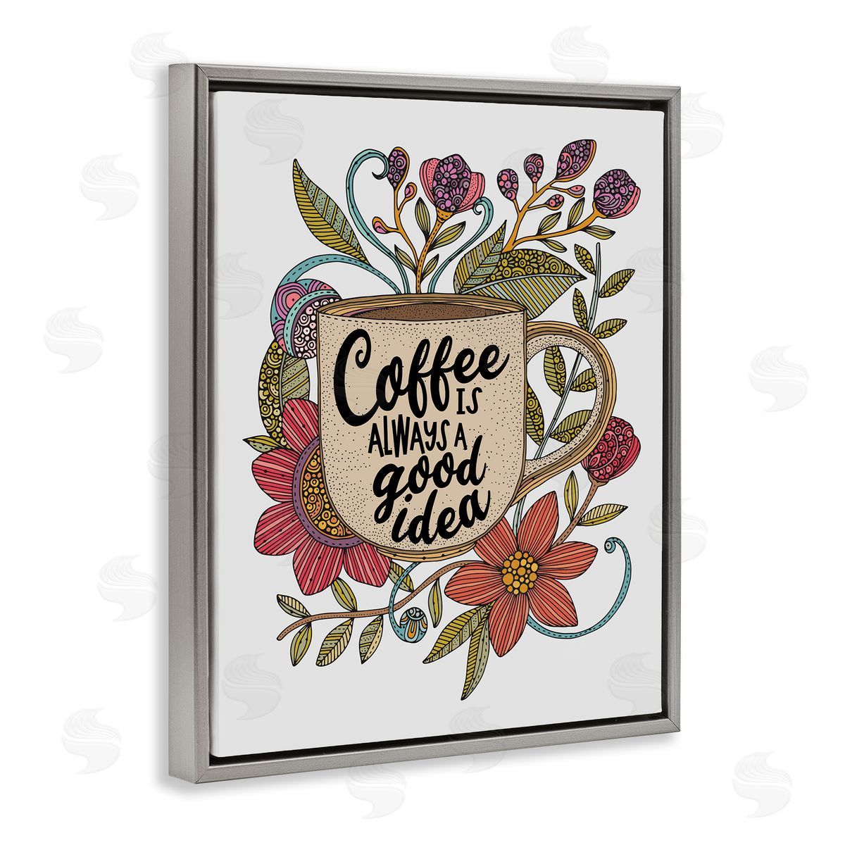 Floral Coffee Good Idea Grey Floating Frame Canvas Wall Art, Home Decor by Valentina Harper
