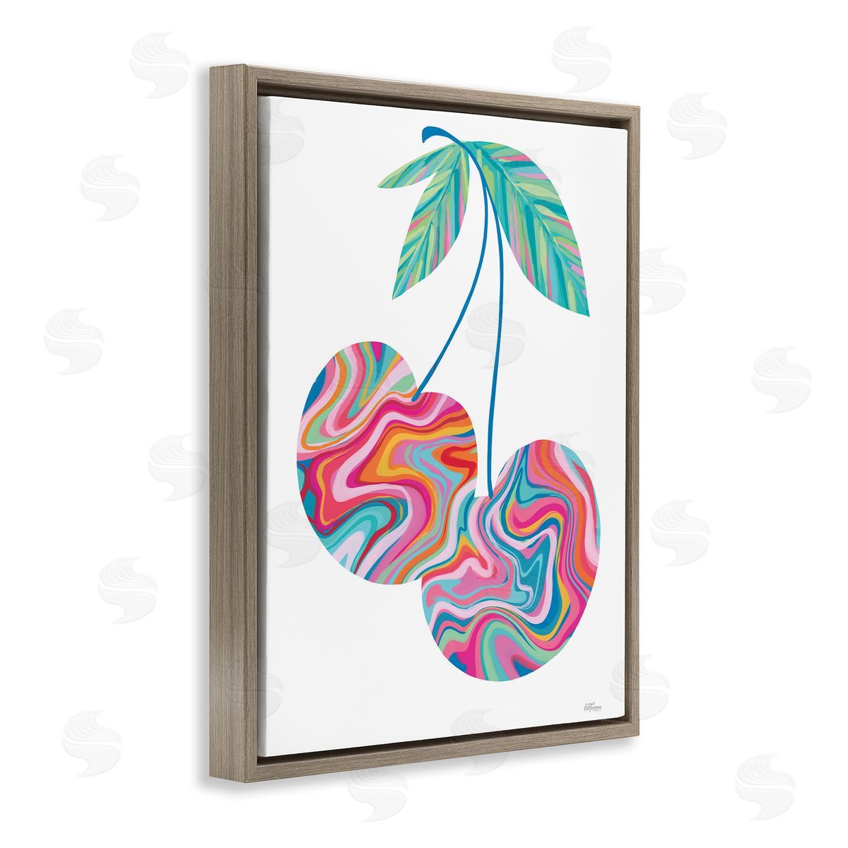 Groovy Waves Cherries Brown Floating Frame Canvas Wall Art, Home Decor by Cat Thurman Designs