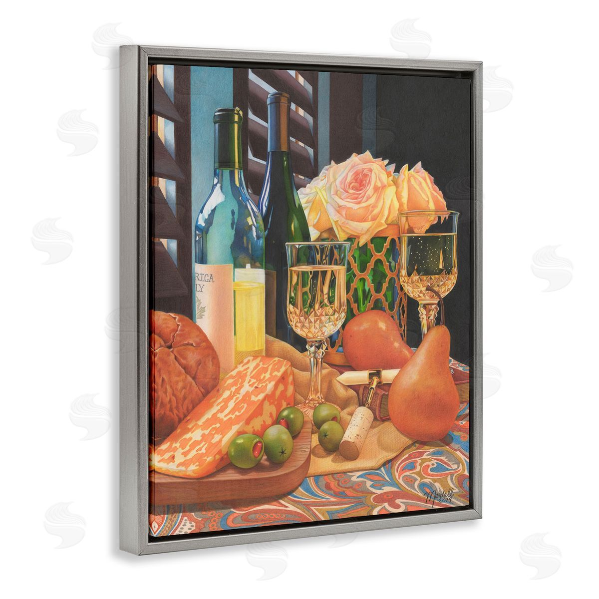 Romantic Wine and Cheese Grey Floating Frame Canvas Wall Art, Home Decor by Mardell Schuster
