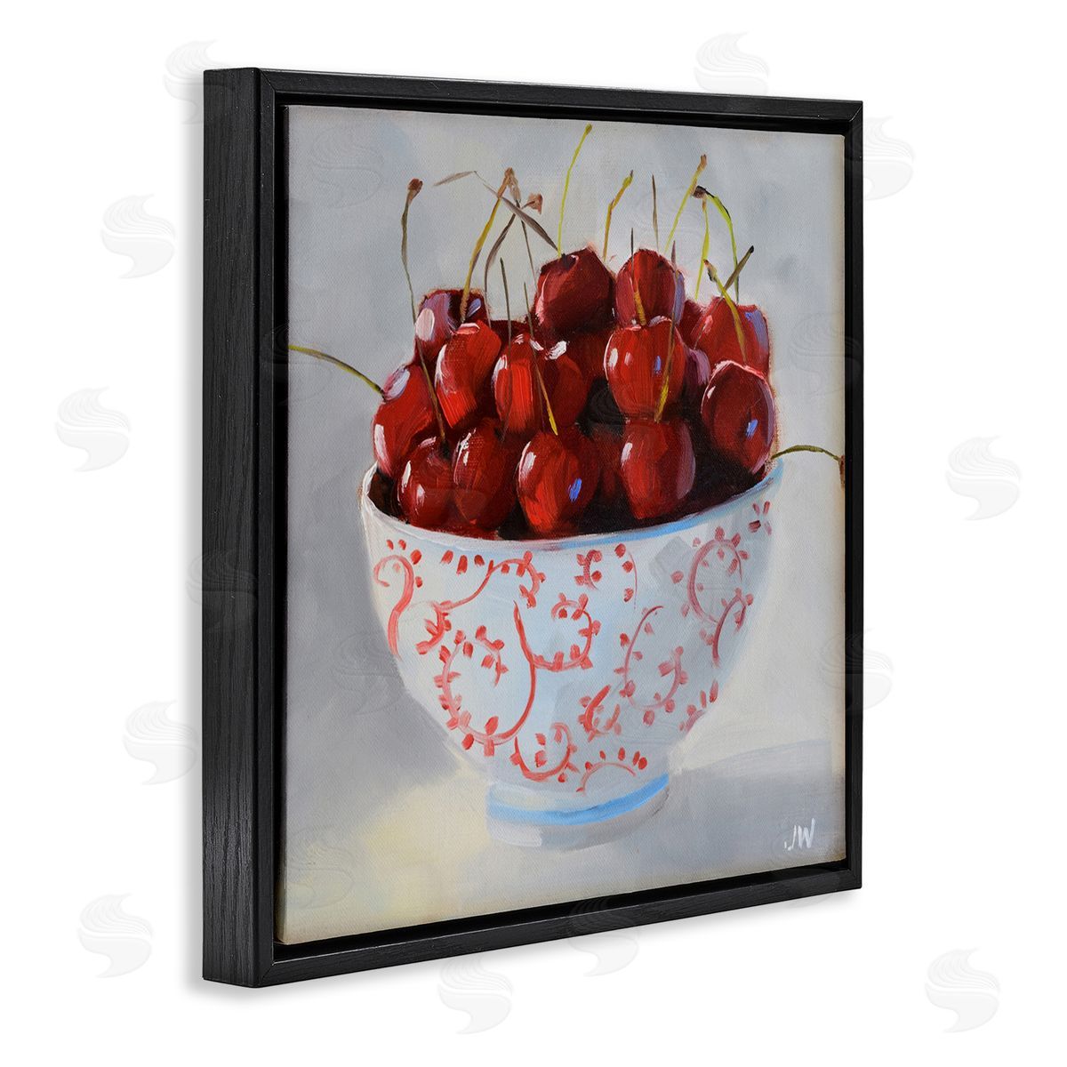 Jenny Westenhofer Cherries in Ornate Bowl Black Floating Frame Canvas Wall Art Print