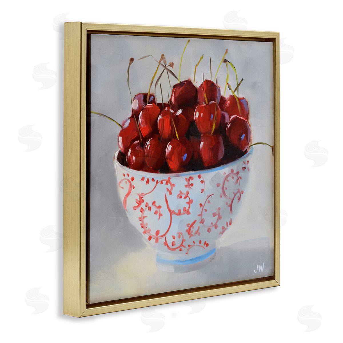 Jenny Westenhofer Cherries in Ornate Bowl Gold Floating Frame Canvas Wall Art Print