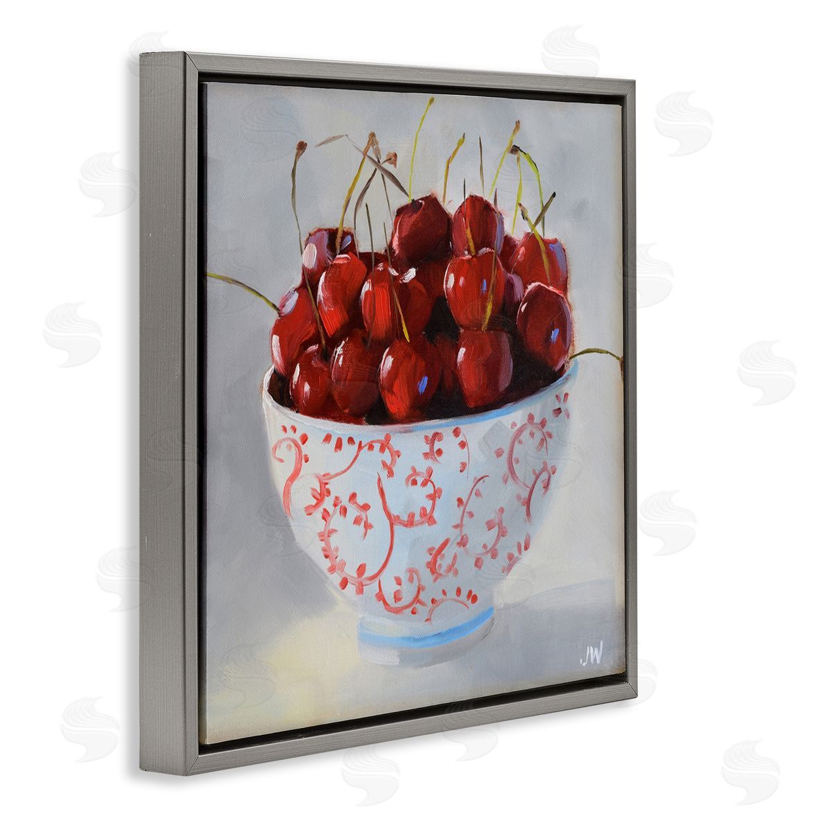 Jenny Westenhofer Cherries in Ornate Bowl Gray Floating Frame Canvas Wall Art Print