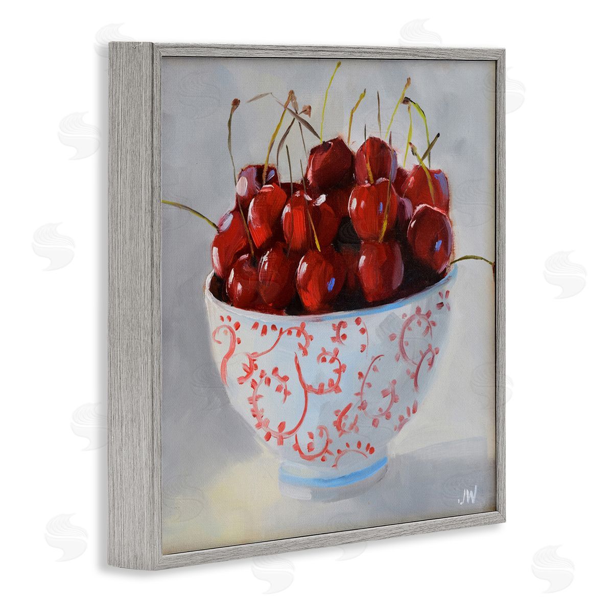 Jenny Westenhofer Cherries in Ornate Bowl Gray Framed Giclee Wall Art Print