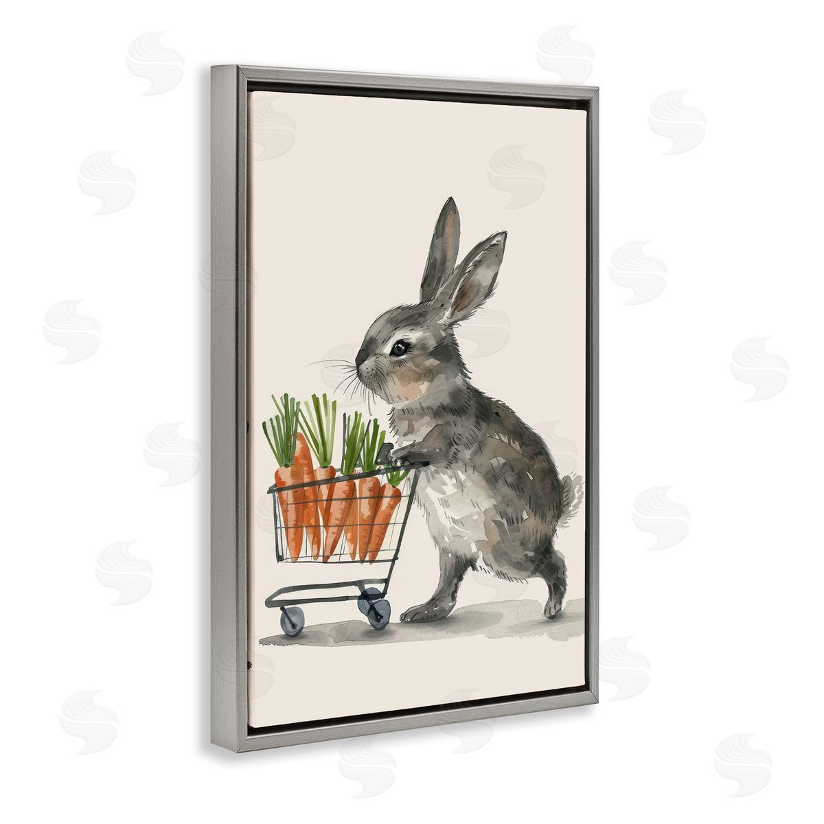 Bunny with Carrots Grey Floating Frame Canvas Wall Art, Home Decor by Petals Prints Design