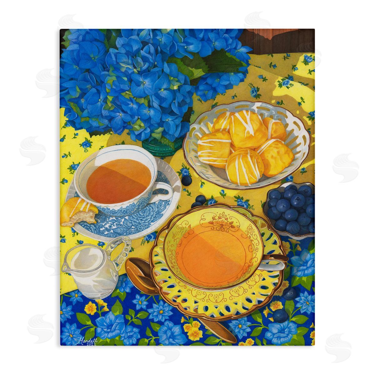 Blue and Yellow Tea Party Canvas Wall Art, Home Decor by Mardell Schuster