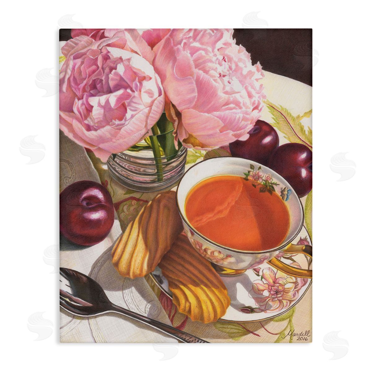 Tea with Peonies and Plums Canvas Wall Art, Home Decor by Mardell Schuster