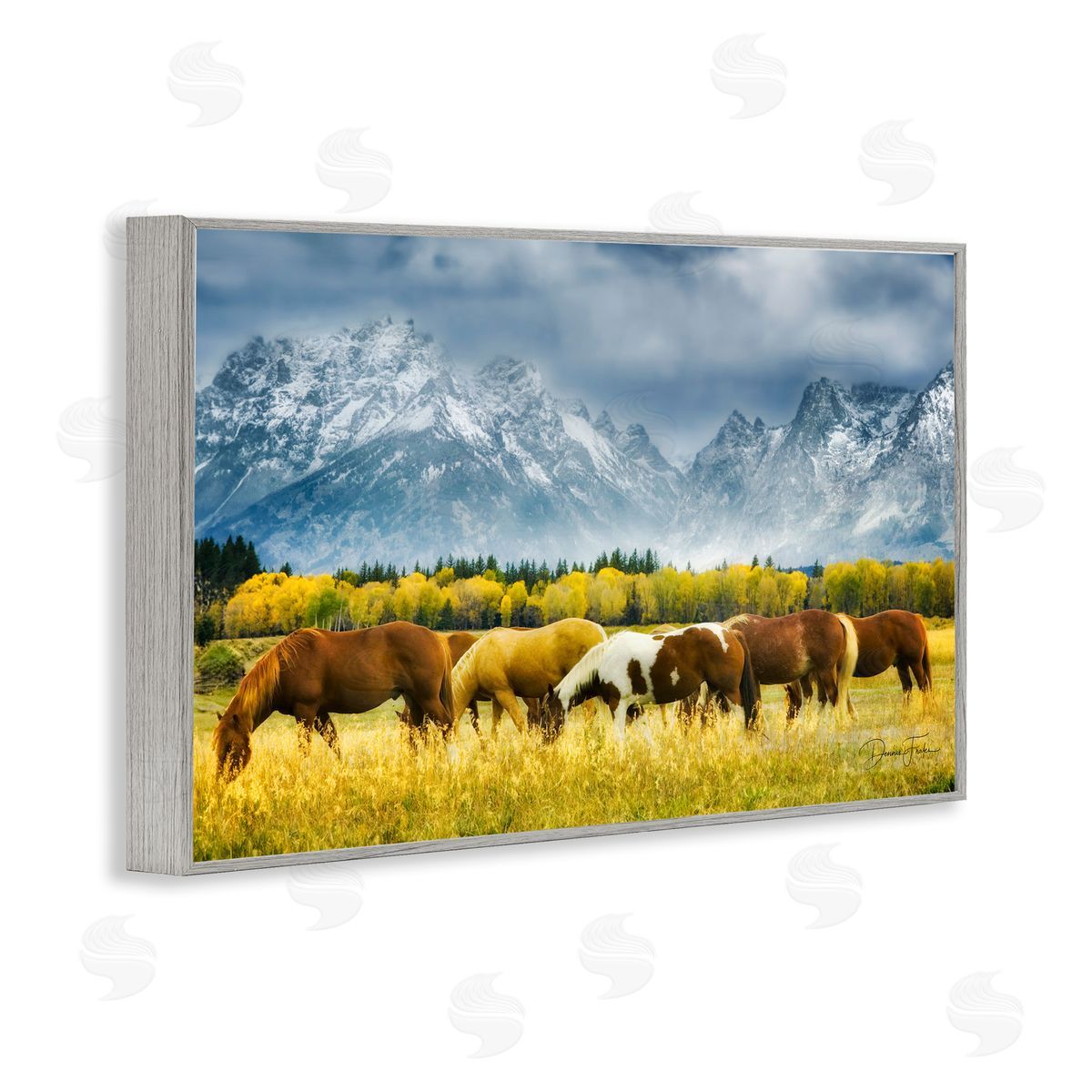 Horses in Wilderness Grey Frame Print Wall Art, Home Decor by Dennis Frates