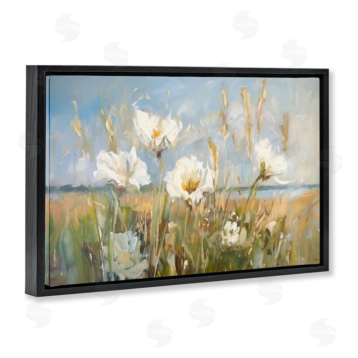 Soft Seaside Wildflowers Black Floating Frame Canvas Wall Art, Home Decor by Ramona Murdock