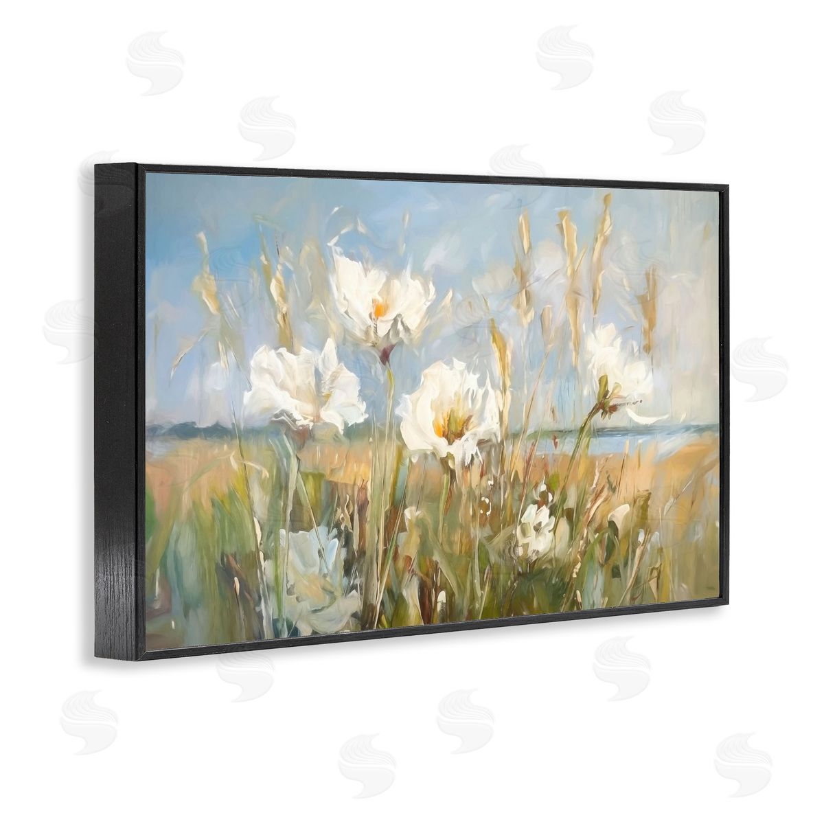 Soft Seaside Wildflowers Black Frame Print Wall Art, Home Decor by Ramona Murdock