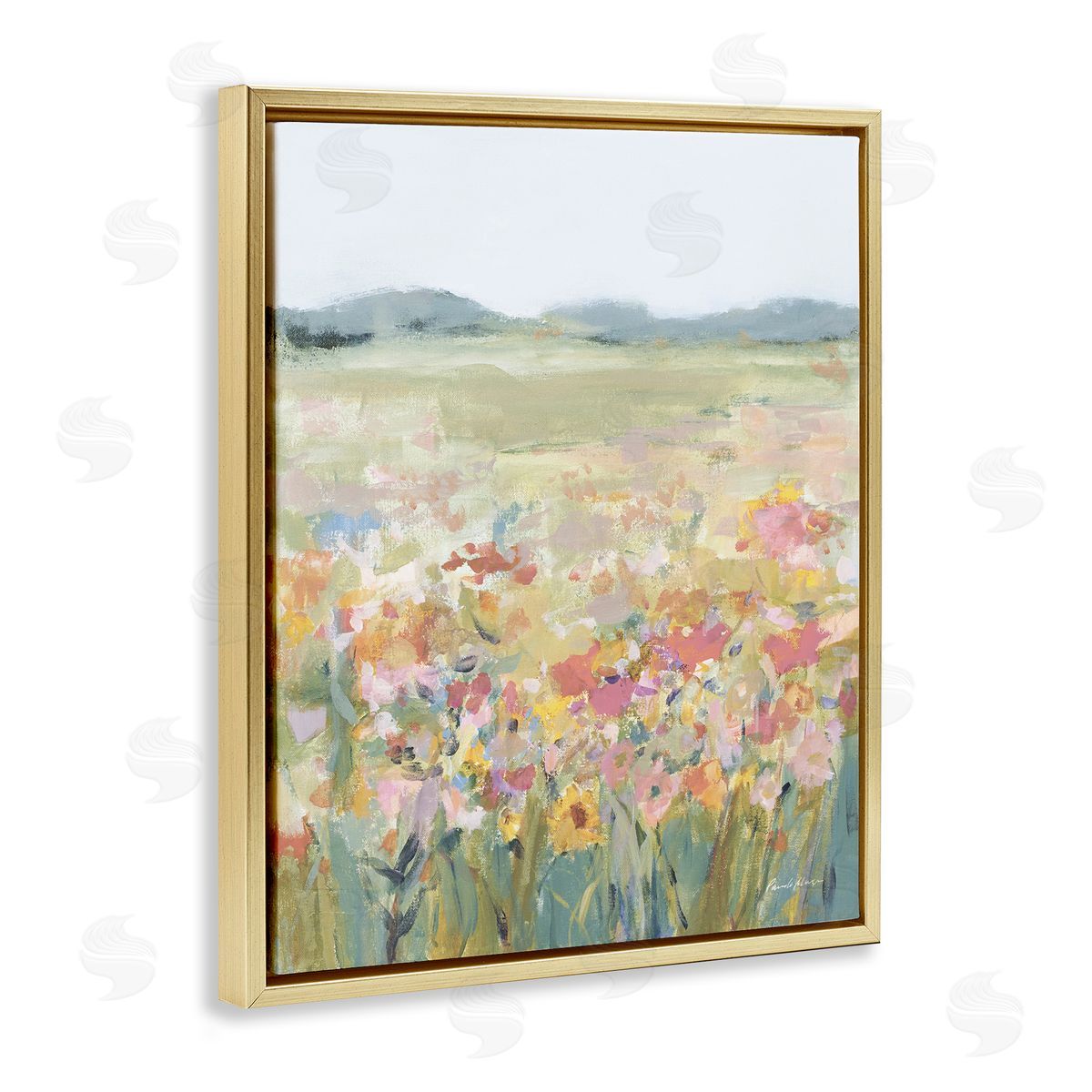 Soft Wildflower Meadow Gold Floating Frame Canvas Wall Art, Home Decor by Pamela Munger