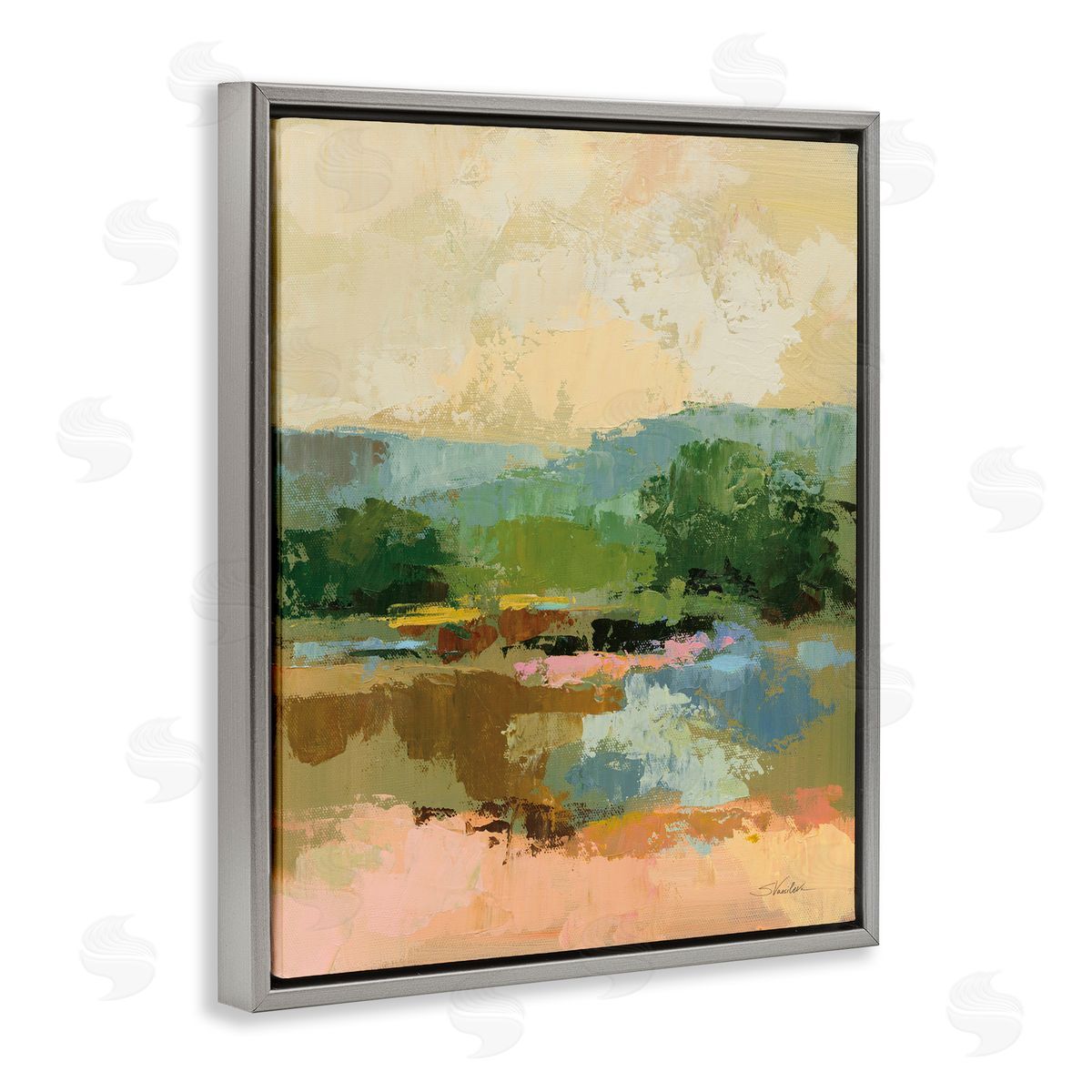 Across The River View Grey Floating Frame Canvas Wall Art, Home Decor by Silvia Vassileva
