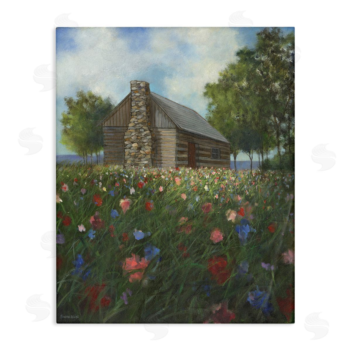 Log Cabin Meadow Canvas Wall Art, Home Decor by David Swanagin