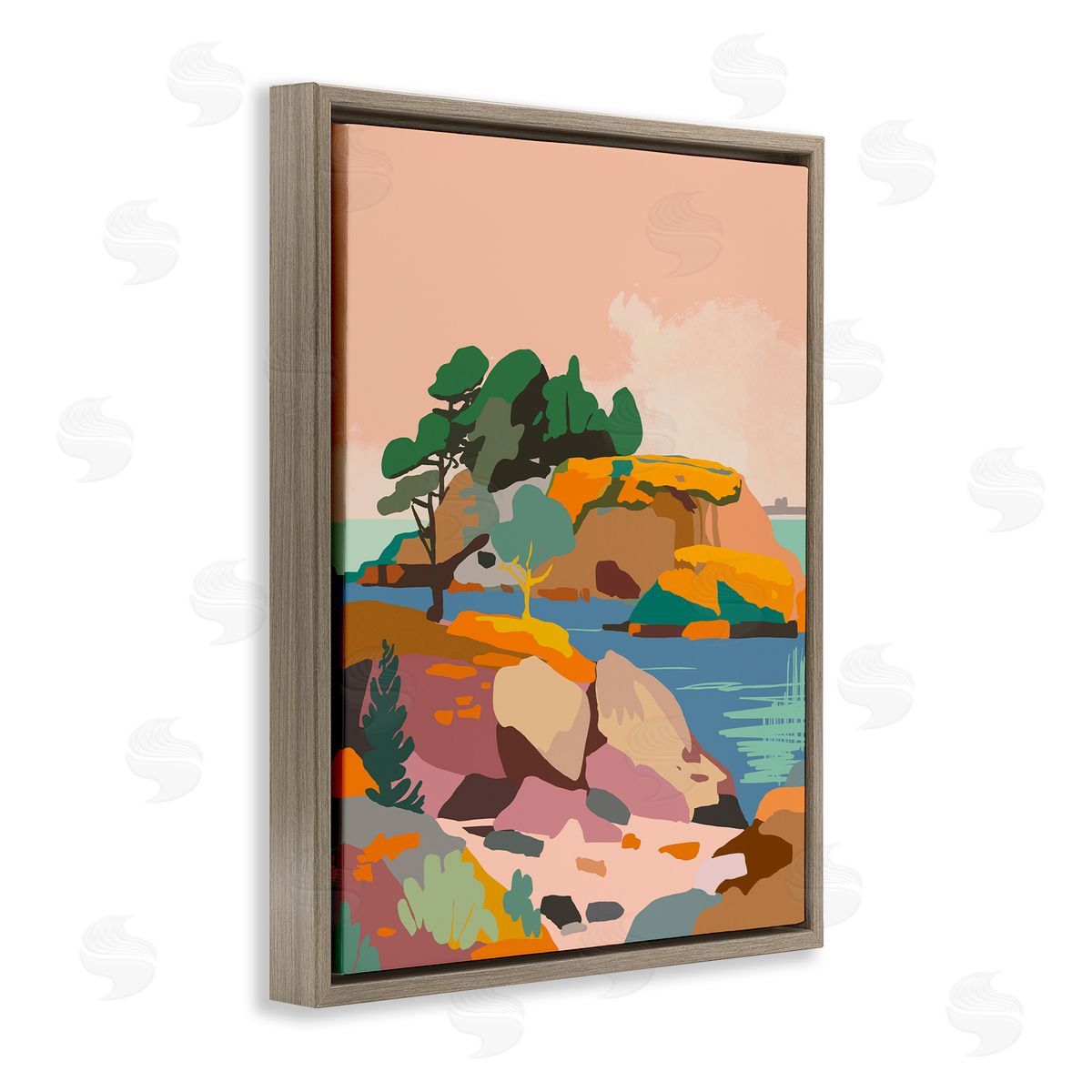 Abstract Lake and Cliffs Brown Floating Frame Canvas Wall Art, Home Decor by Walker Noble