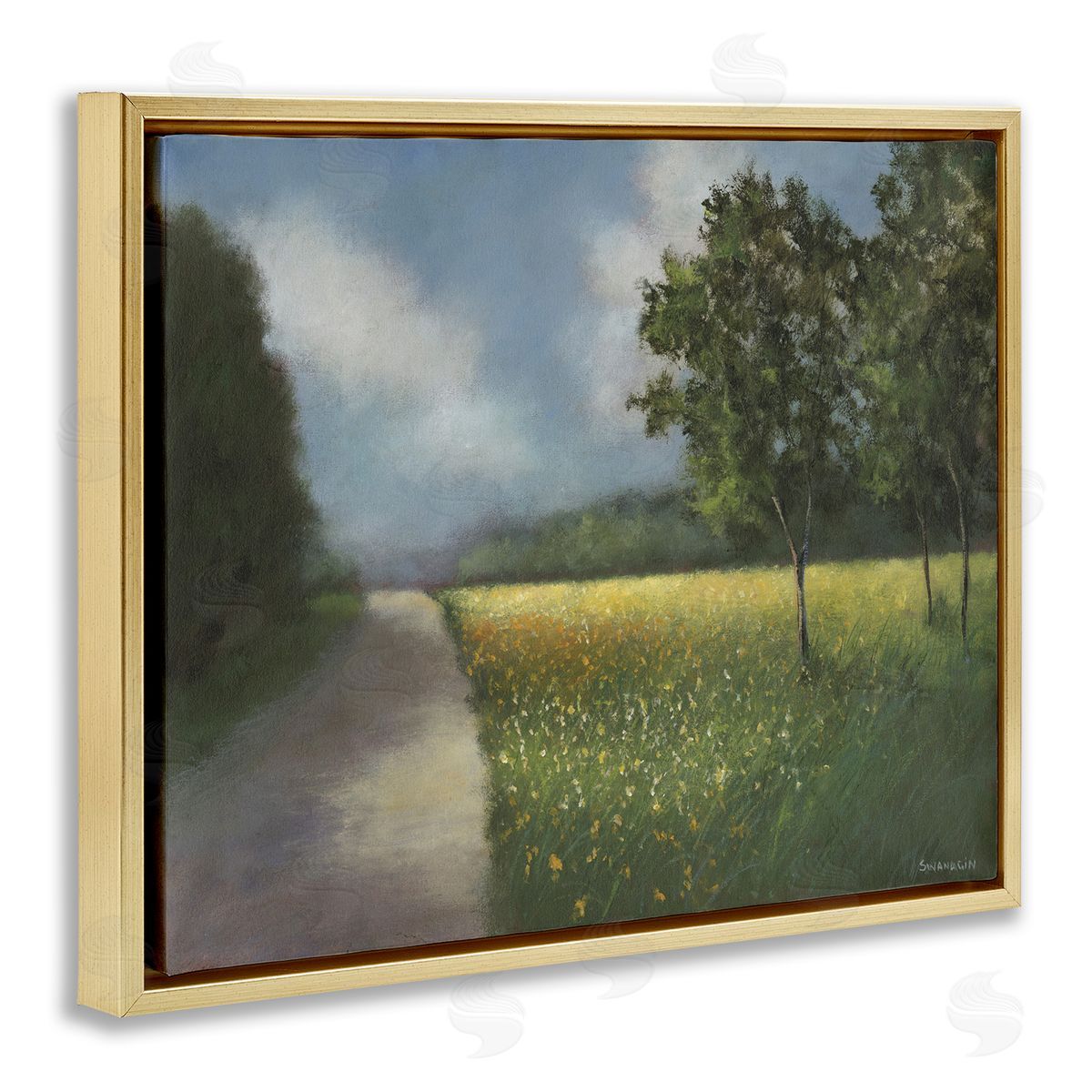 Traditional Country Road Gold Floating Frame Canvas Wall Art, Home Decor by David Swanagin