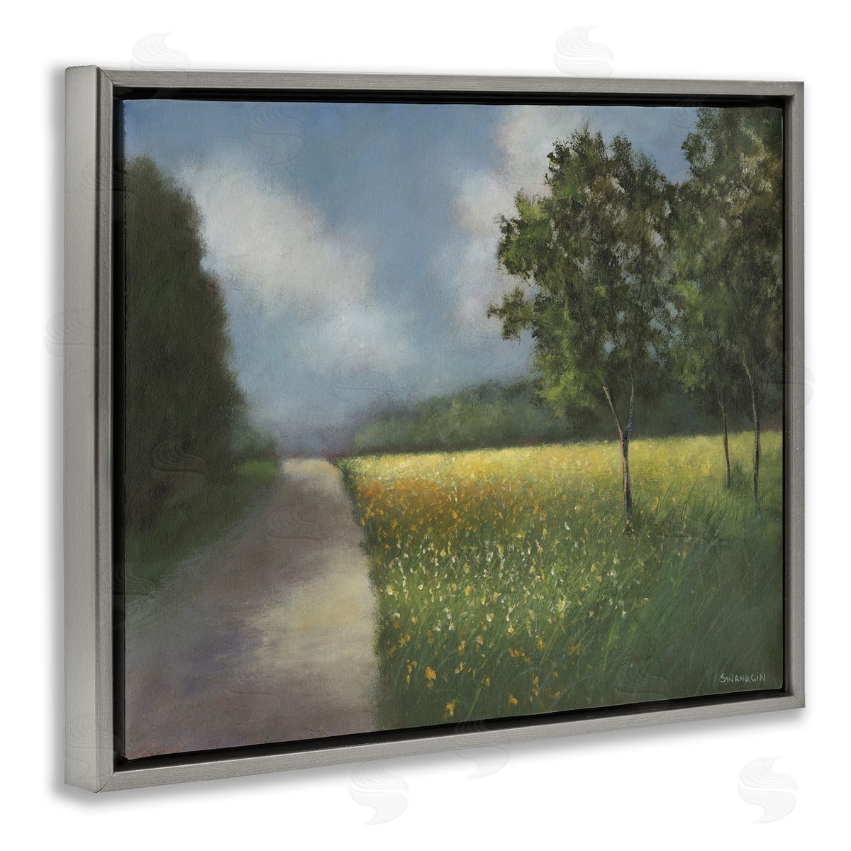 Traditional Country Road Grey Floating Frame Canvas Wall Art, Home Decor by David Swanagin