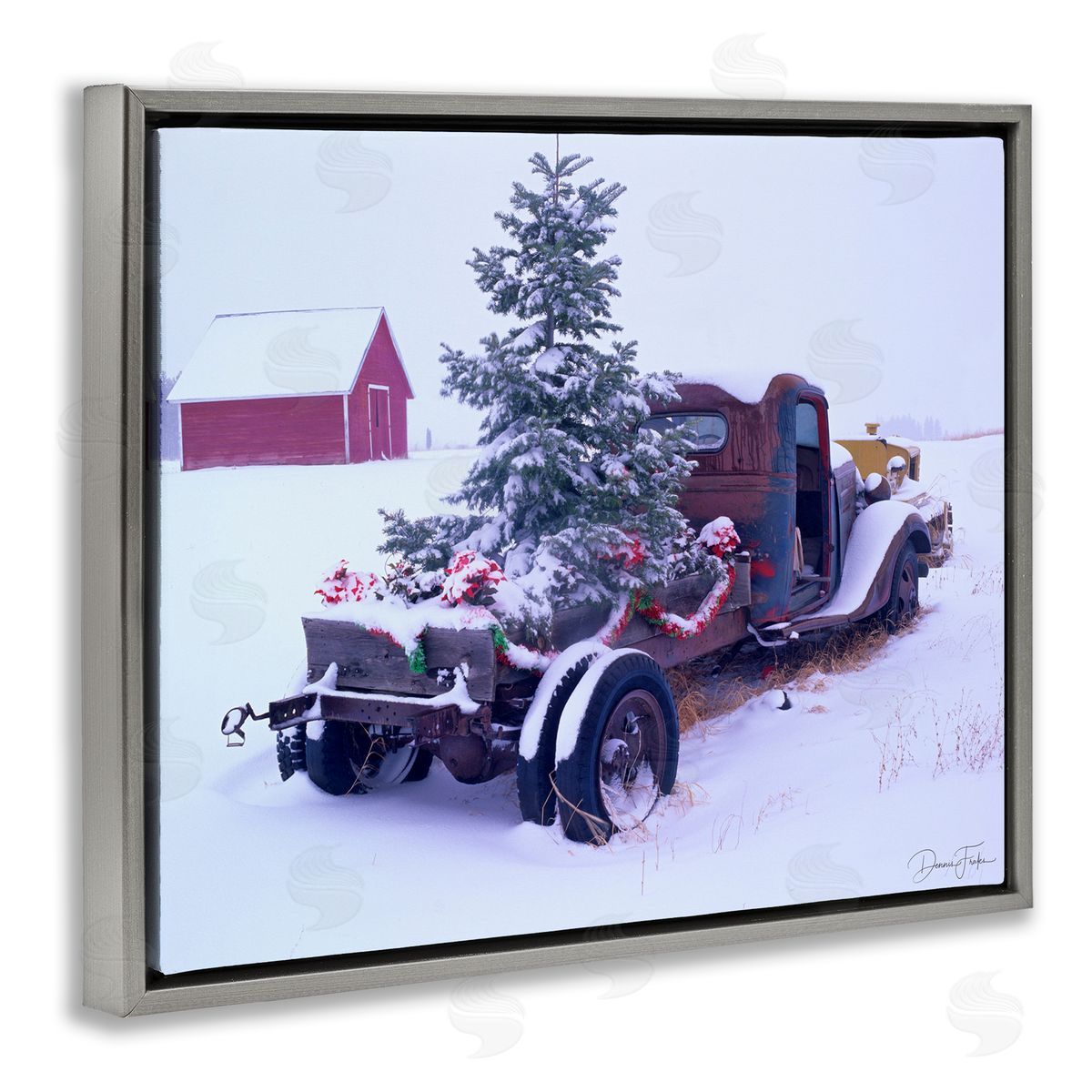 Christmas Tree Truck Grey Floating Frame Canvas Wall Art, Home Decor by Dennis Frates