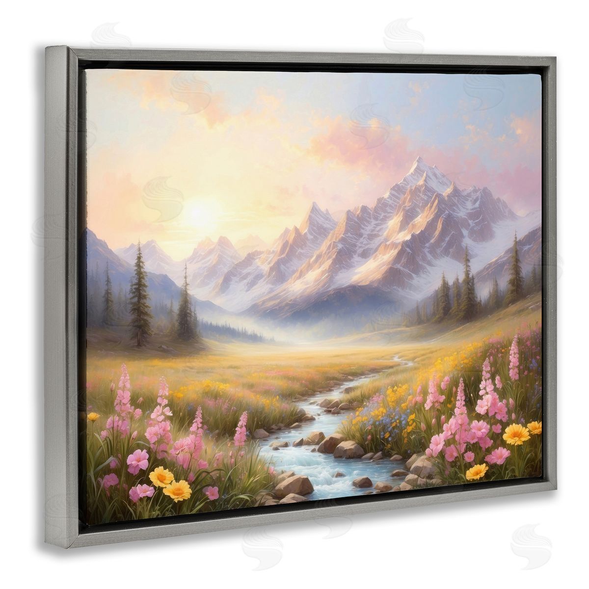 Gentle Dawn Landscape Grey Floating Frame Canvas Wall Art, Home Decor by Denise Dundon