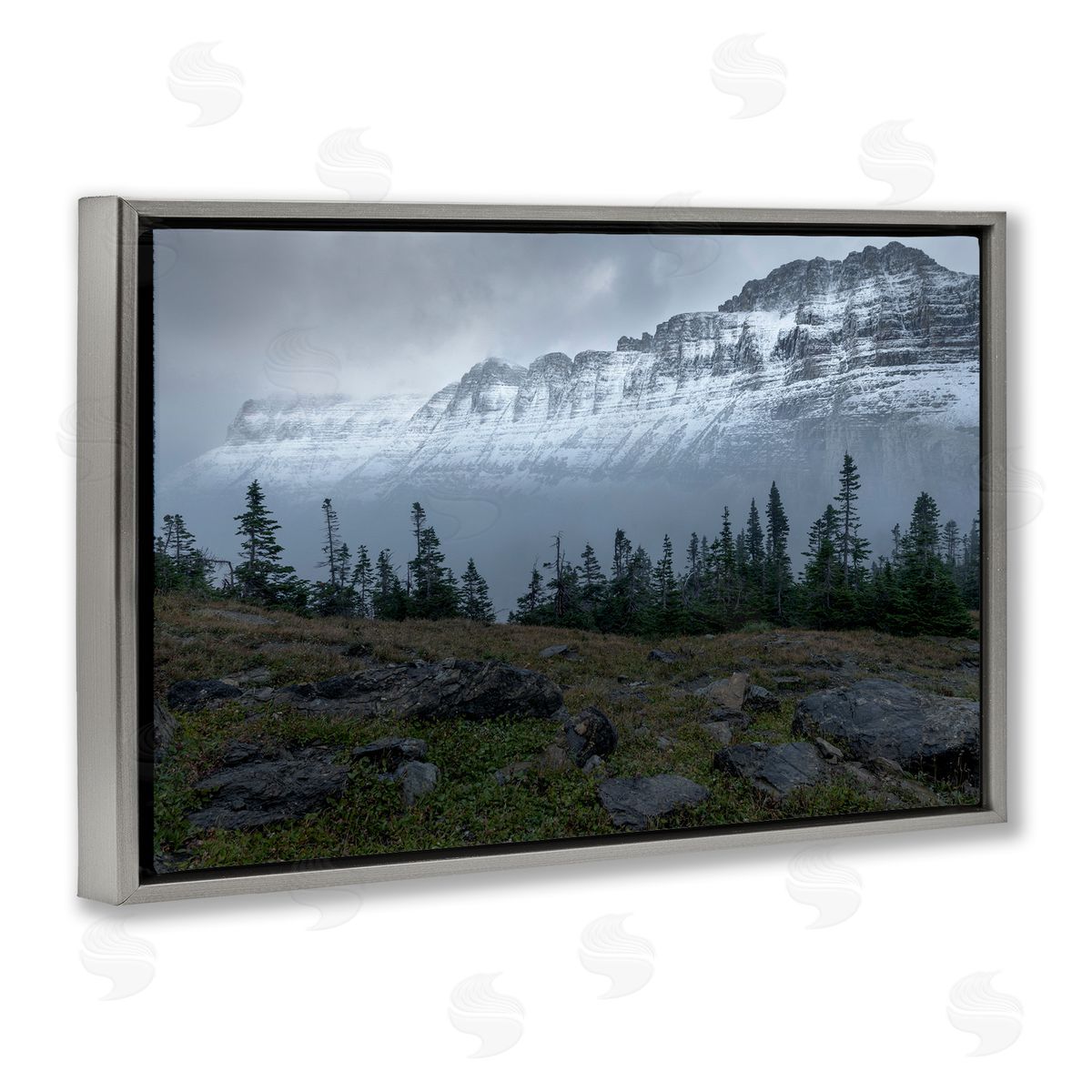 First Snow Mountains Grey Floating Frame Canvas Wall Art, Home Decor by Hunter Page Photography