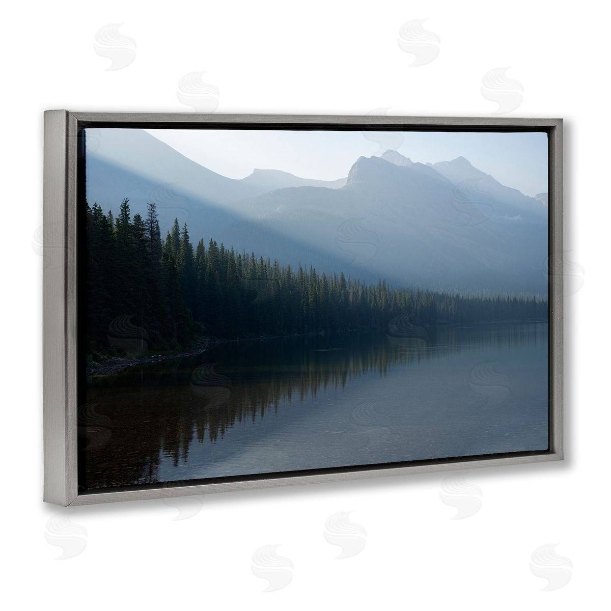 Foggy Lakeside Trees Grey Floating Frame Canvas Wall Art, Home Decor by Hunter Page Photography