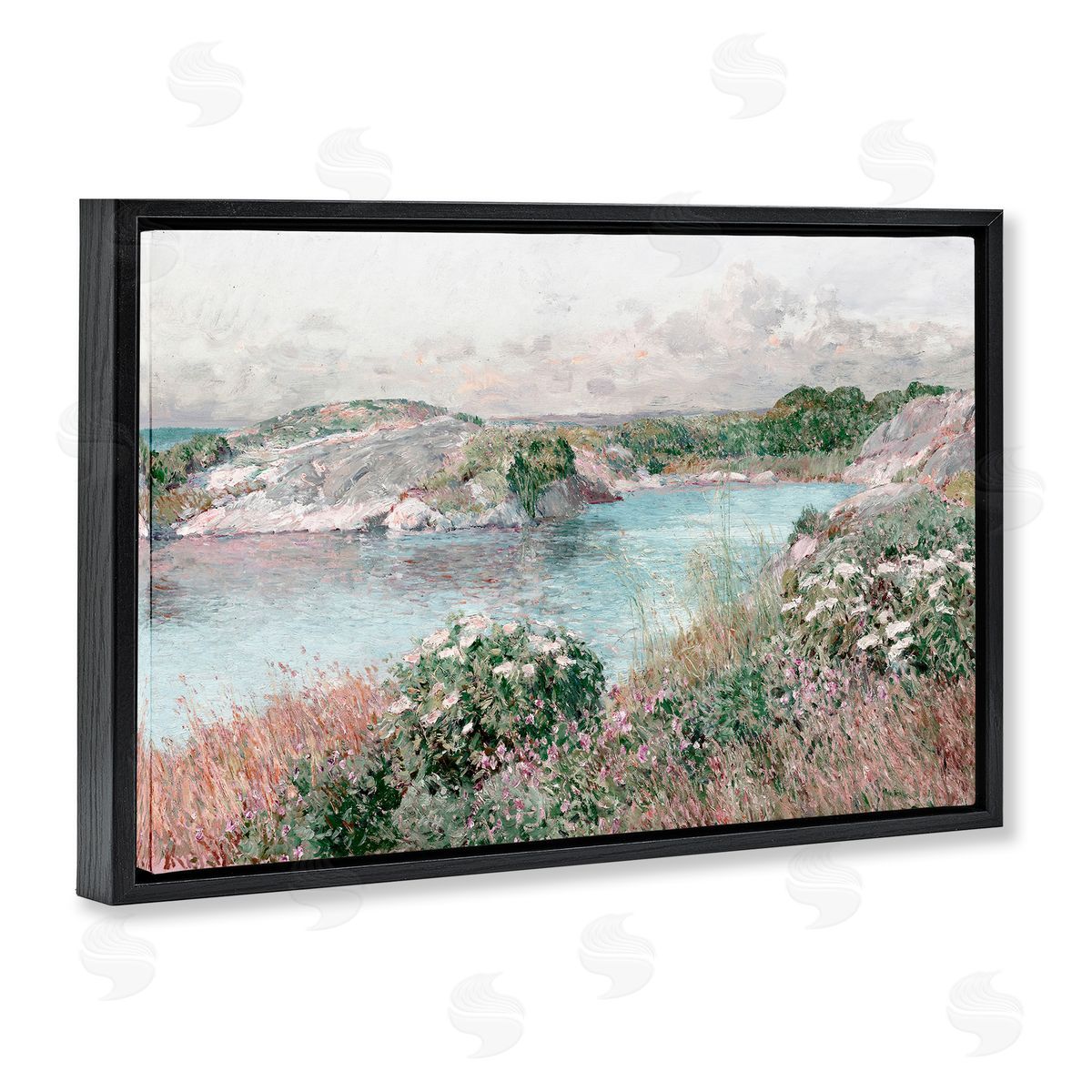 Lettered and Lined Classic Riverbank Landscape Black Floating Frame Canvas Wall Art Print
