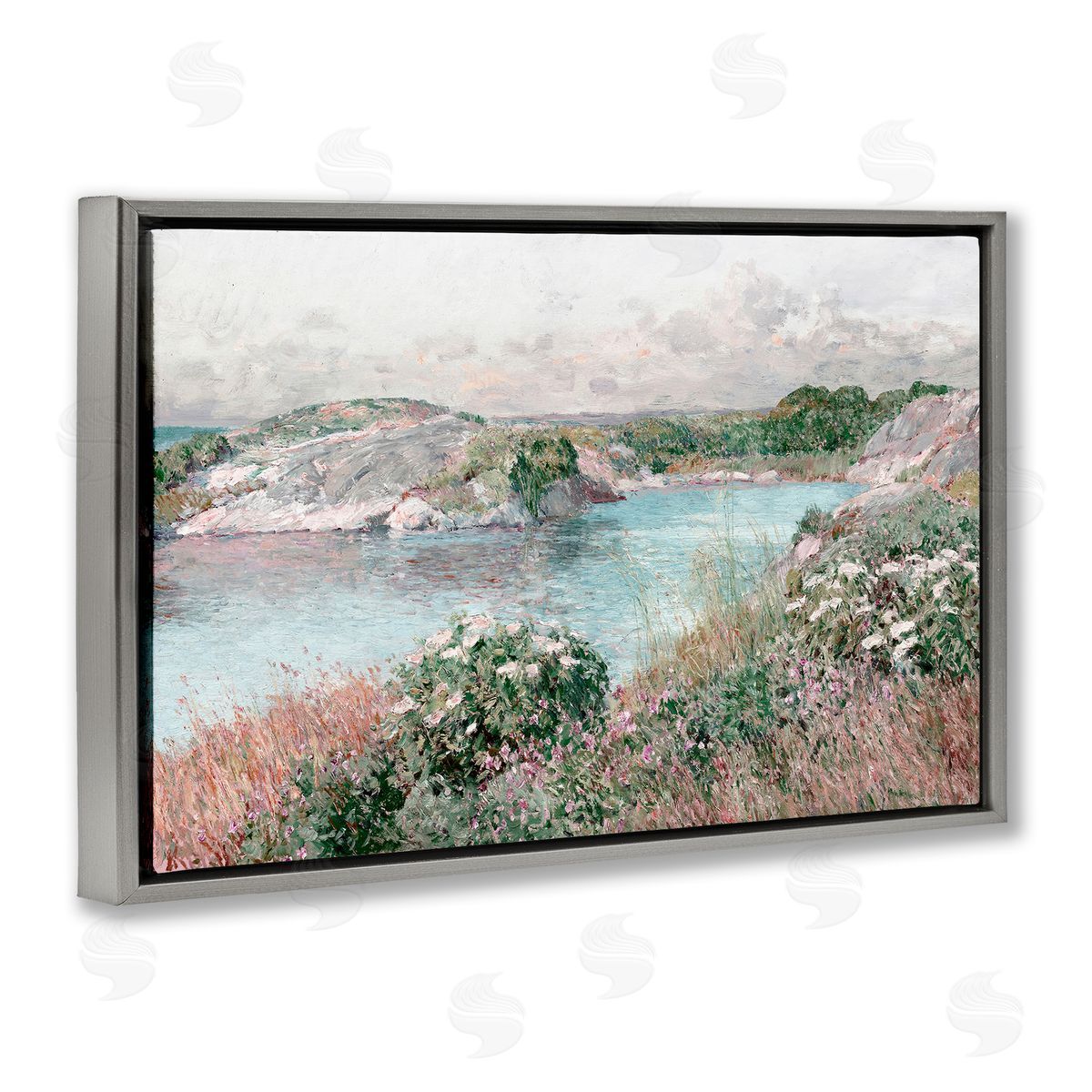 Lettered and Lined Classic Riverbank Landscape Gray Floating Frame Canvas Wall Art Print