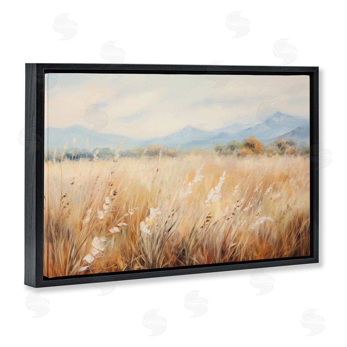Petal Prints Design Wheat Field Landscape Black Floating Frame Canvas Wall Art Print