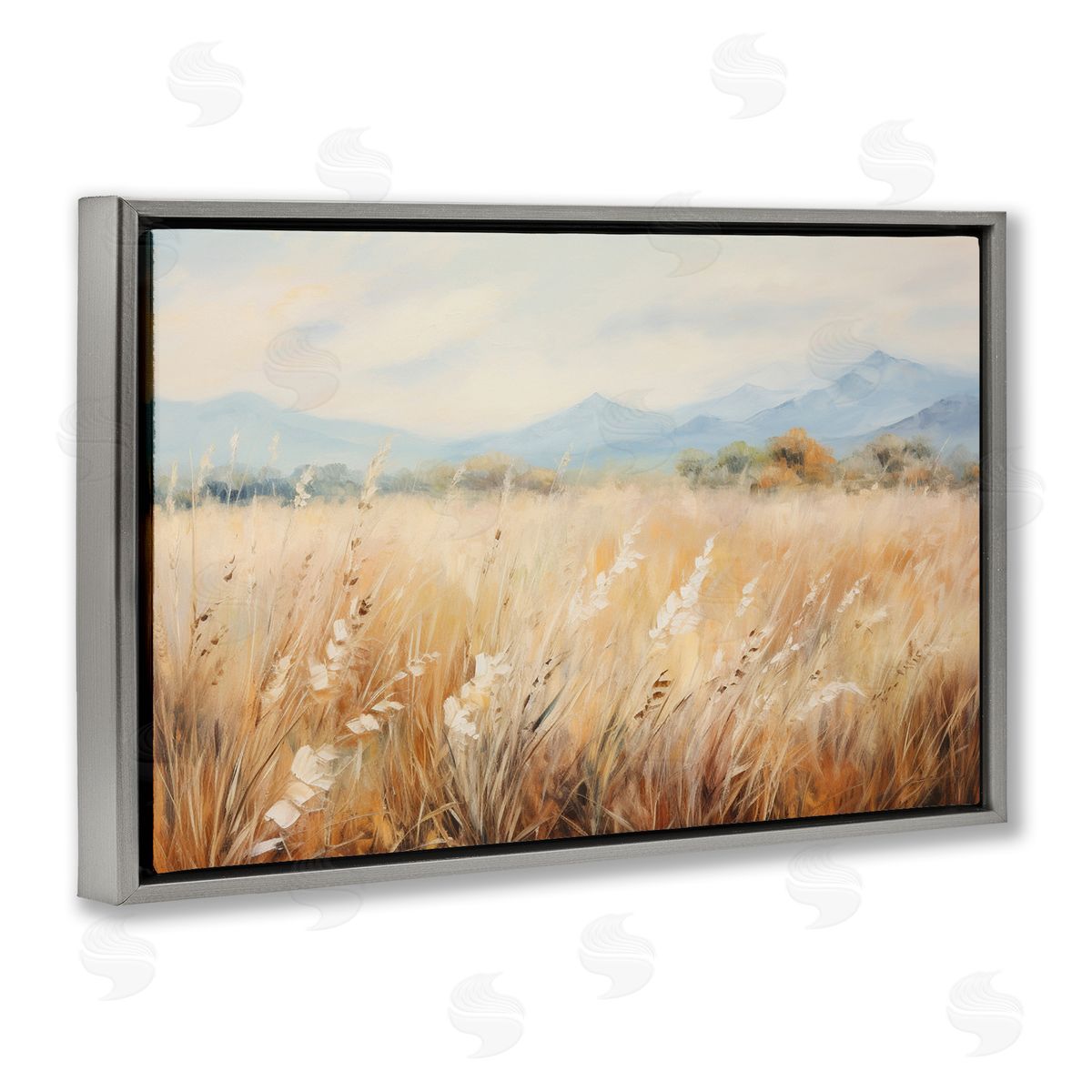 Petal Prints Design Wheat Field Landscape Gray Floating Frame Canvas Wall Art Print