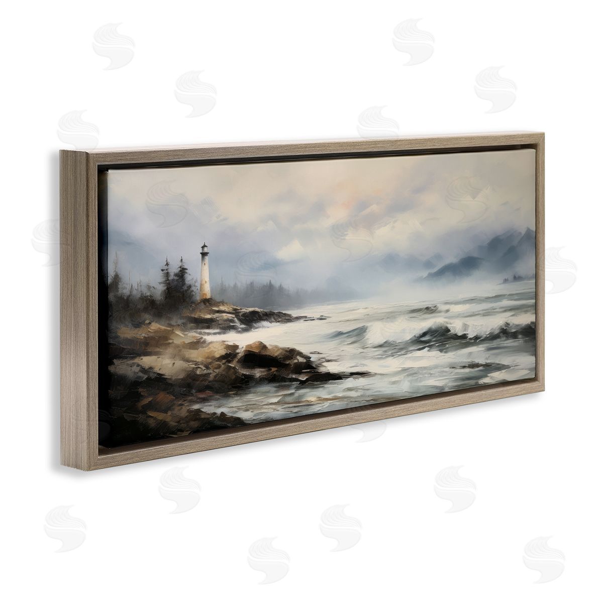 Coastal Lighthouse Waves Brown Floating Frame Canvas Wall Art, Home Decor by Petal Prints Design
