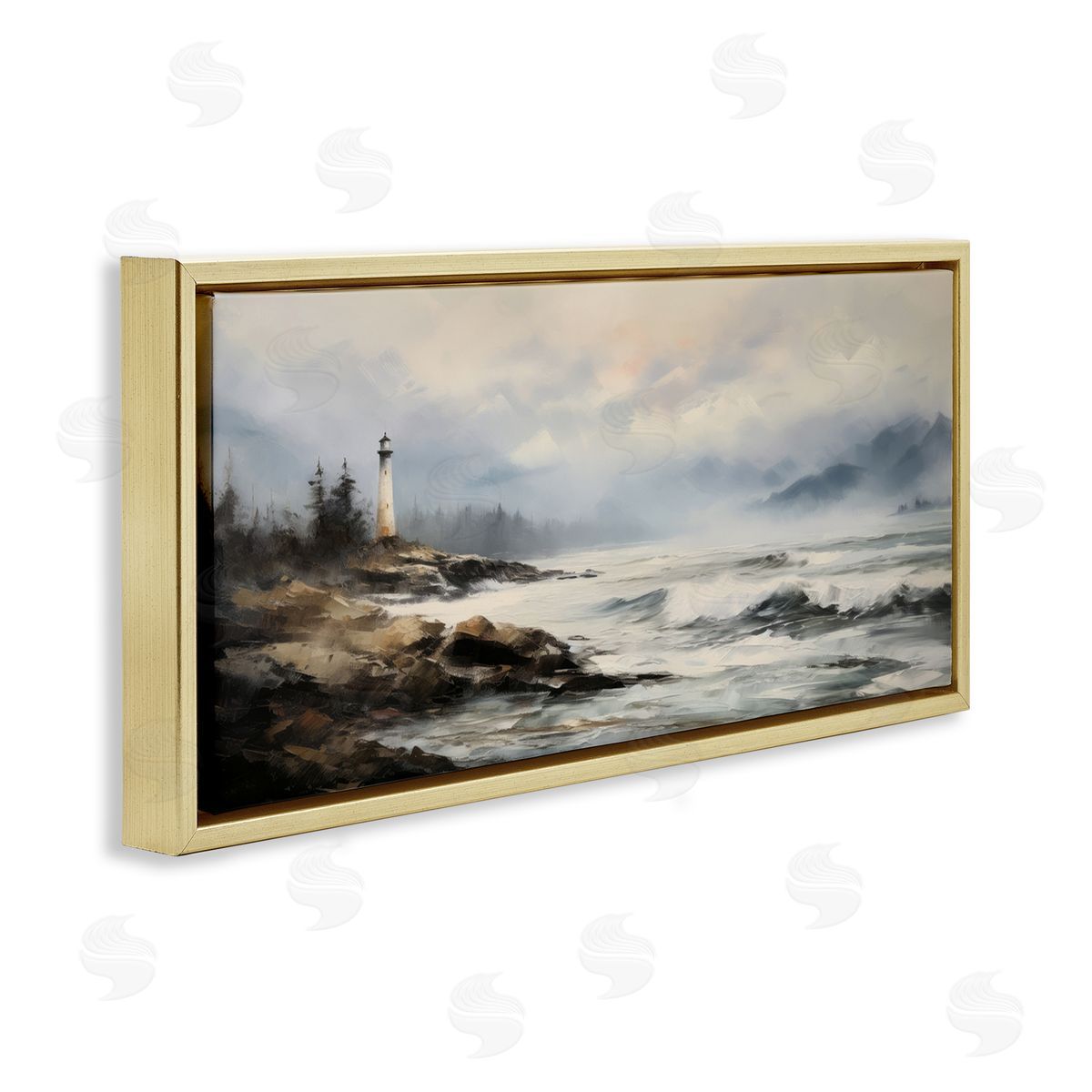 Coastal Lighthouse Waves Gold Floating Frame Canvas Wall Art, Home Decor by Petal Prints Design