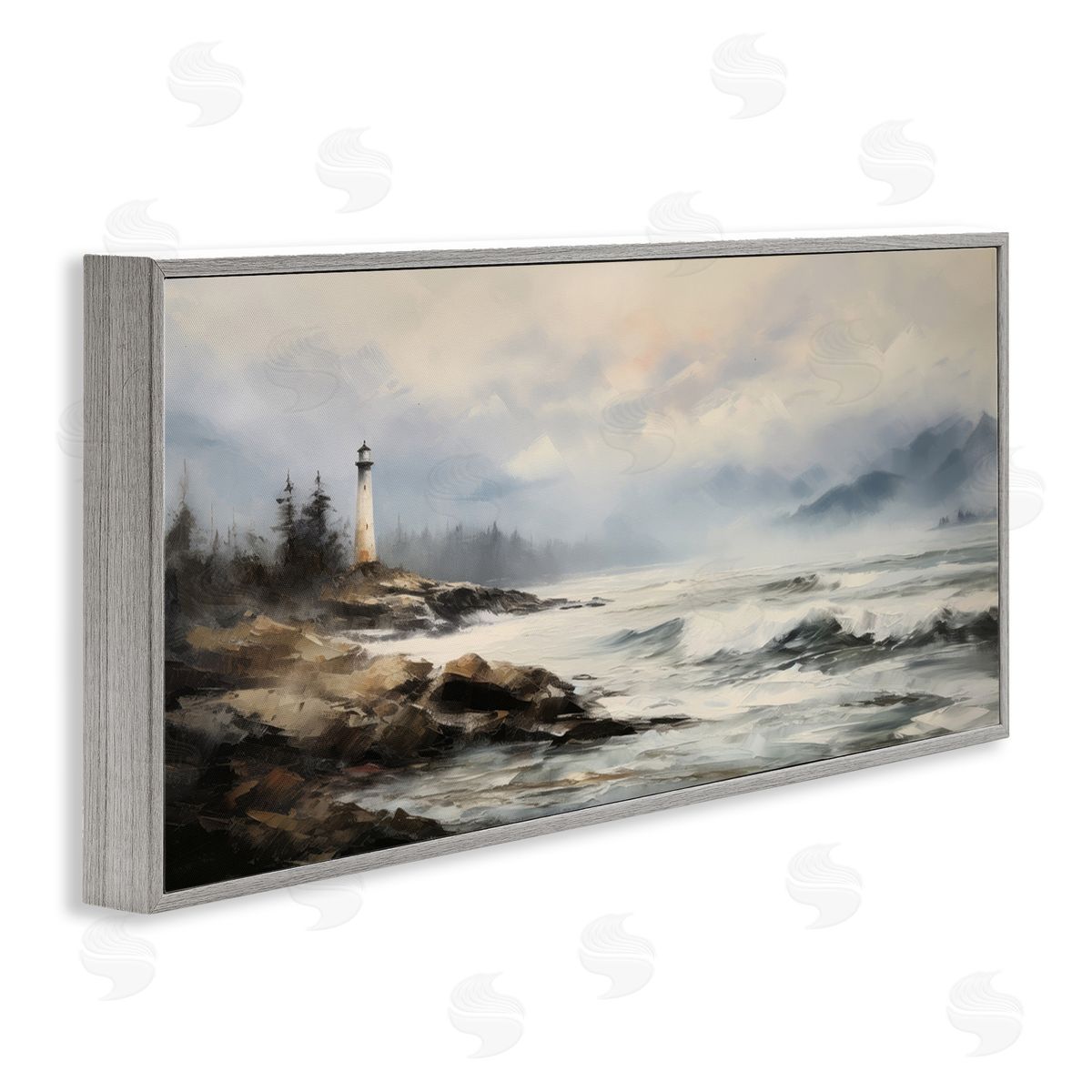 Coastal Lighthouse Waves Grey Frame Print Wall Art, Home Decor by Petal Prints Design