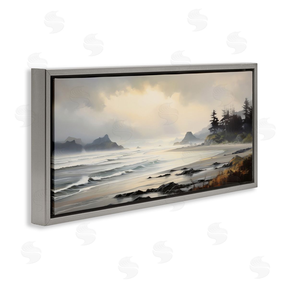 Coastal Shore Inlet Grey Floating Frame Canvas Wall Art, Home Decor by Petal Prints Design