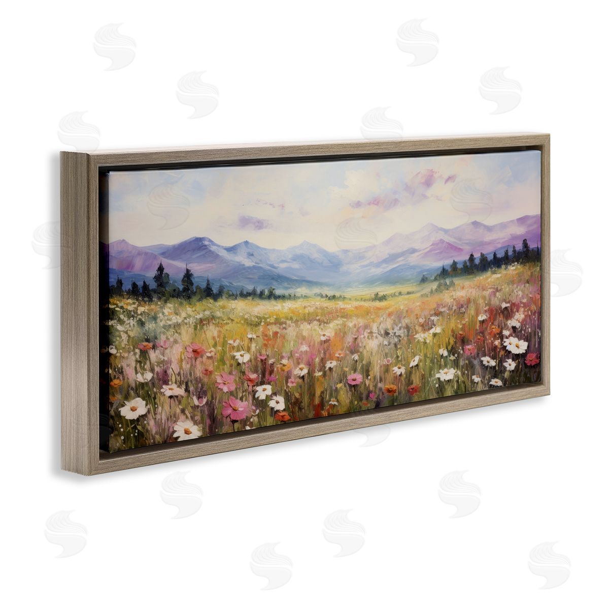 Mountainous Daisy Meadow Brown Floating Frame Canvas Wall Art, Home Decor by Petal Prints Design