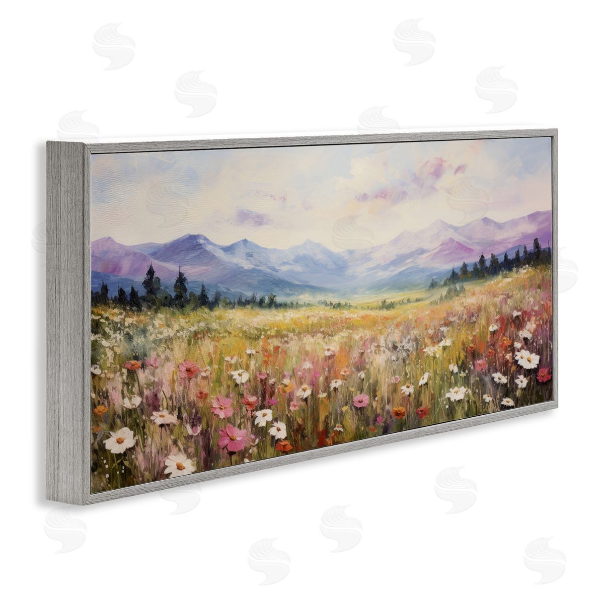 Mountainous Daisy Meadow Grey Frame Print Wall Art, Home Decor by Petal Prints Design