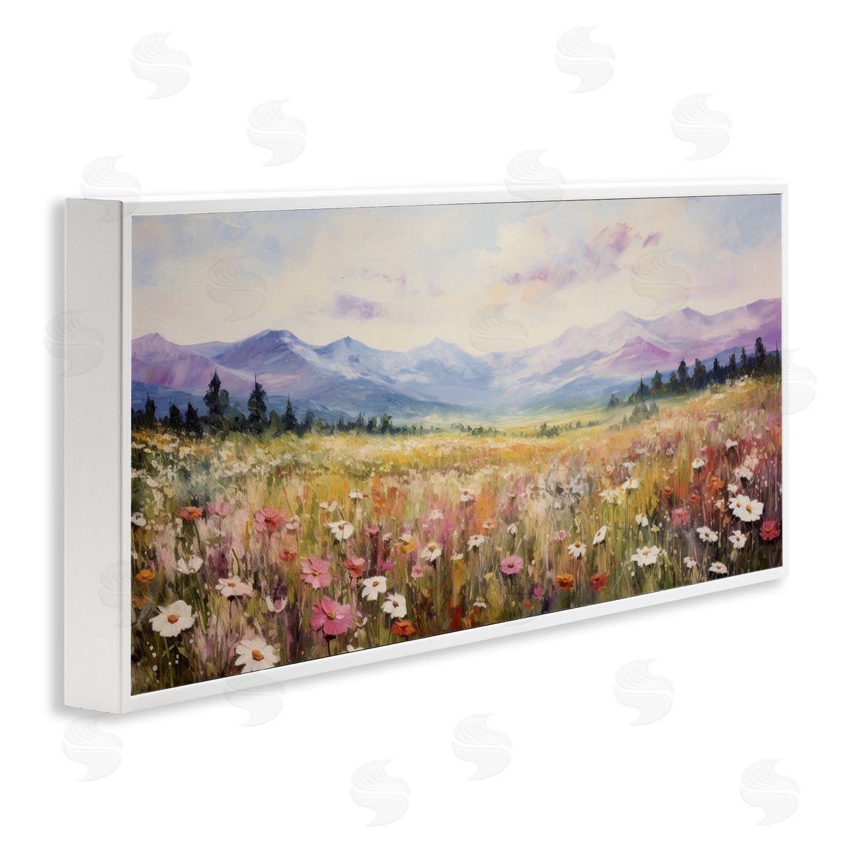Mountainous Daisy Meadow White Frame Print Wall Art, Home Decor by Petal Prints Design